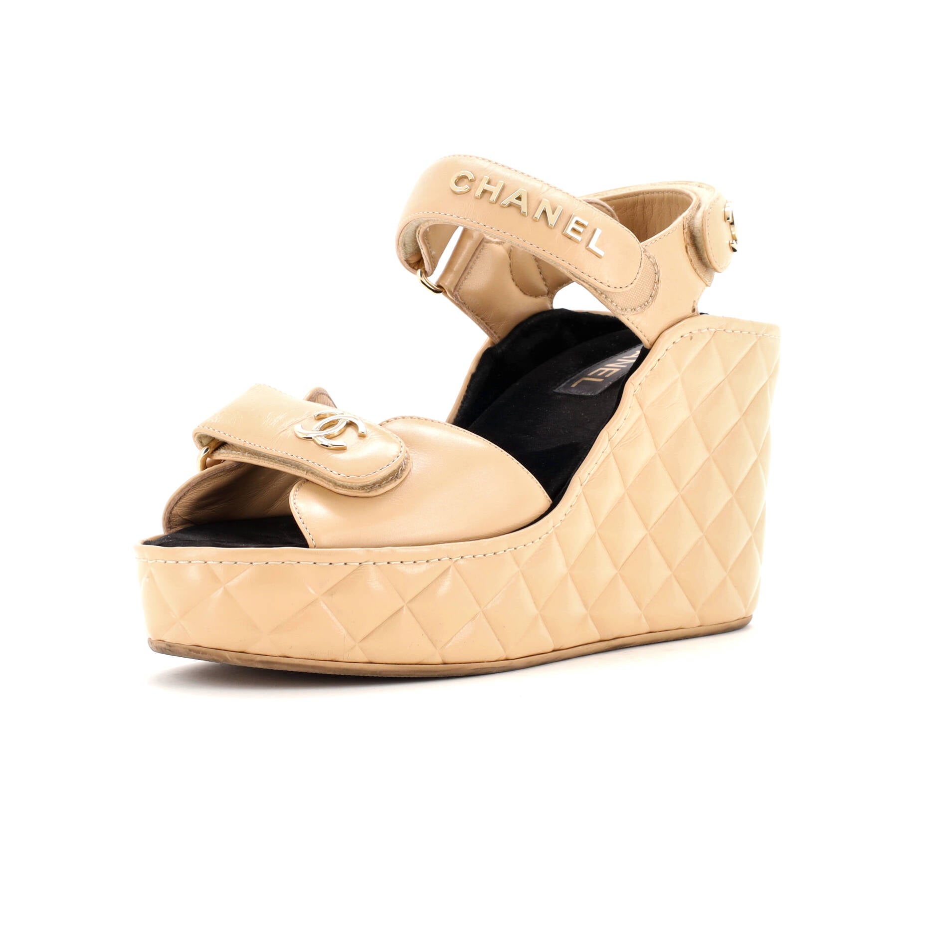 Chanel Women's Logo Velcro Strap Wedge Sandals Quilted Leather