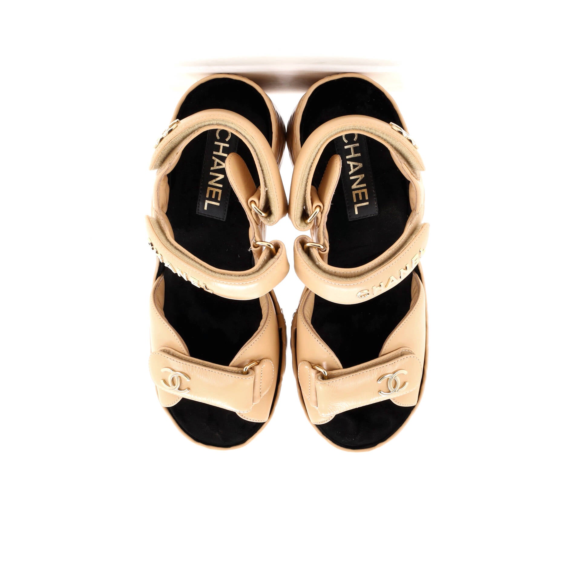 Chanel Women's Logo Velcro Strap Wedge Sandals Quilted Leather