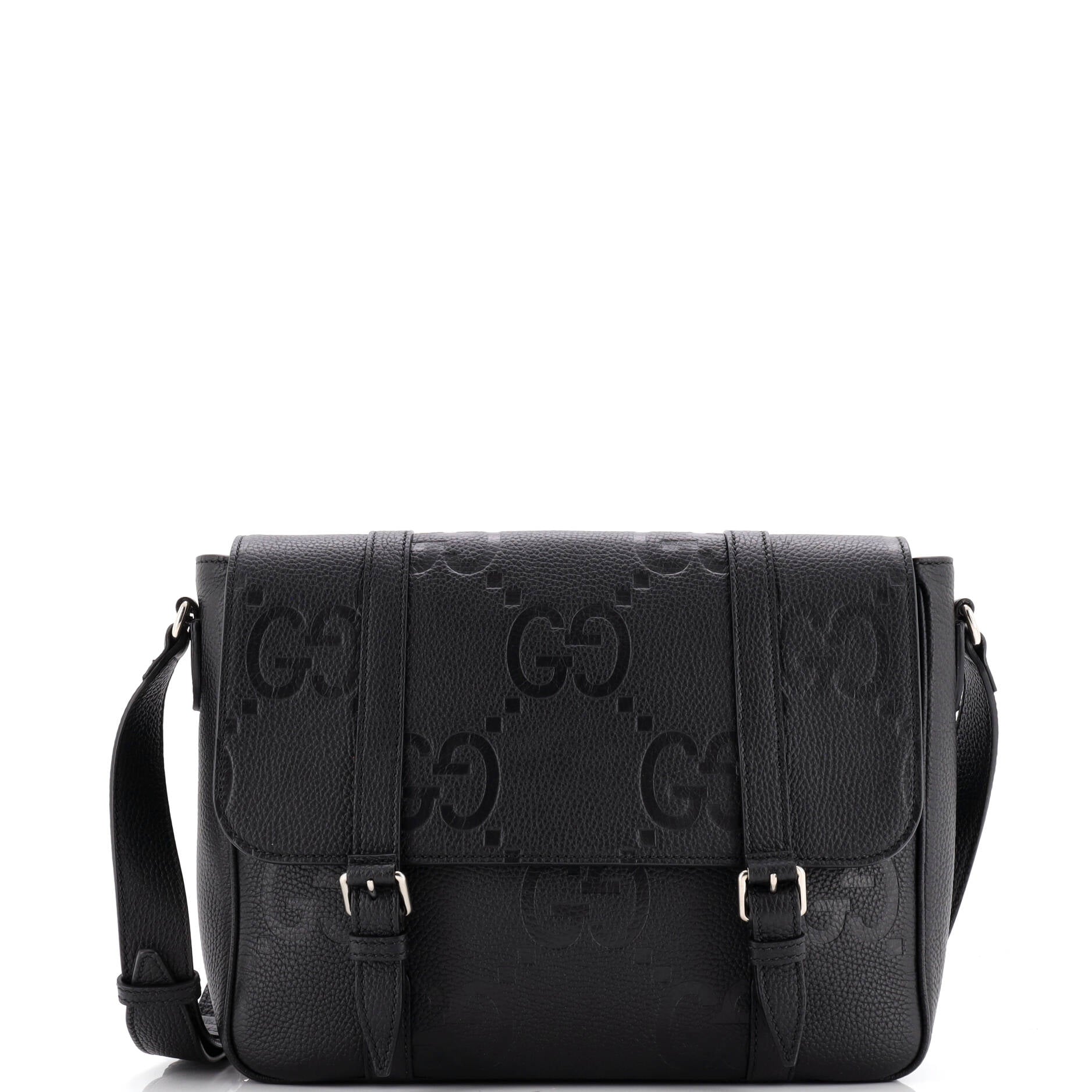 Gucci Double Belt Flap Messenger Bag Jumbo GG Embossed Leather Medium