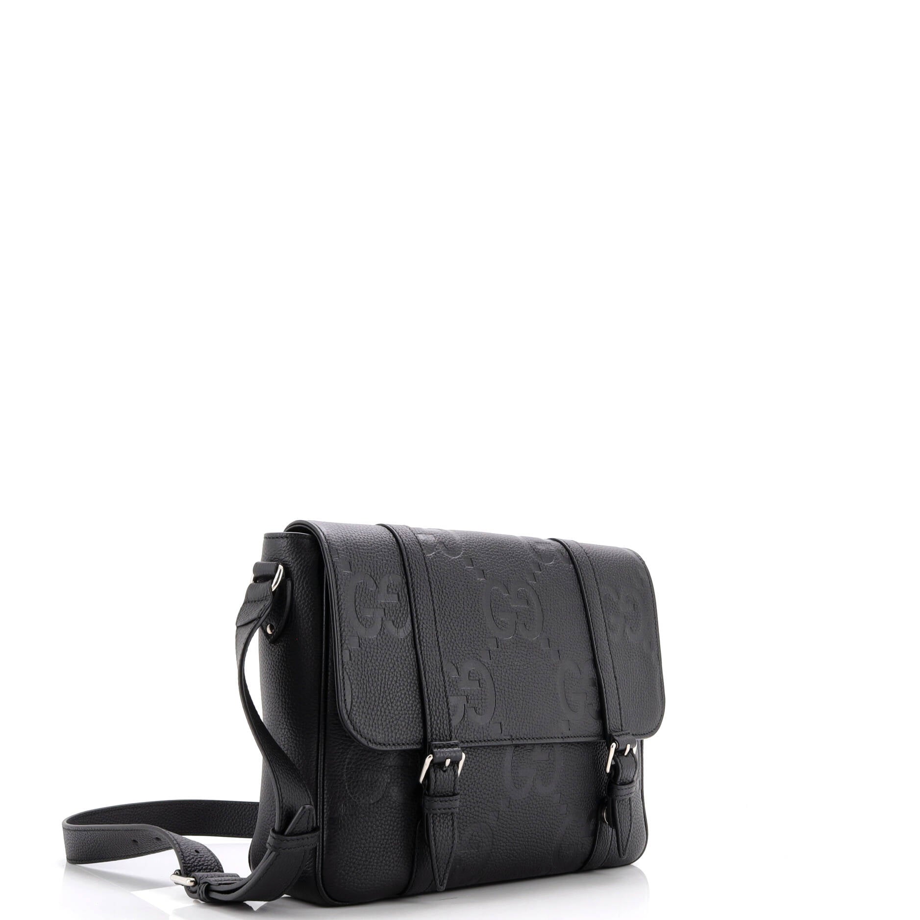 Gucci Double Belt Flap Messenger Bag Jumbo GG Embossed Leather Medium
