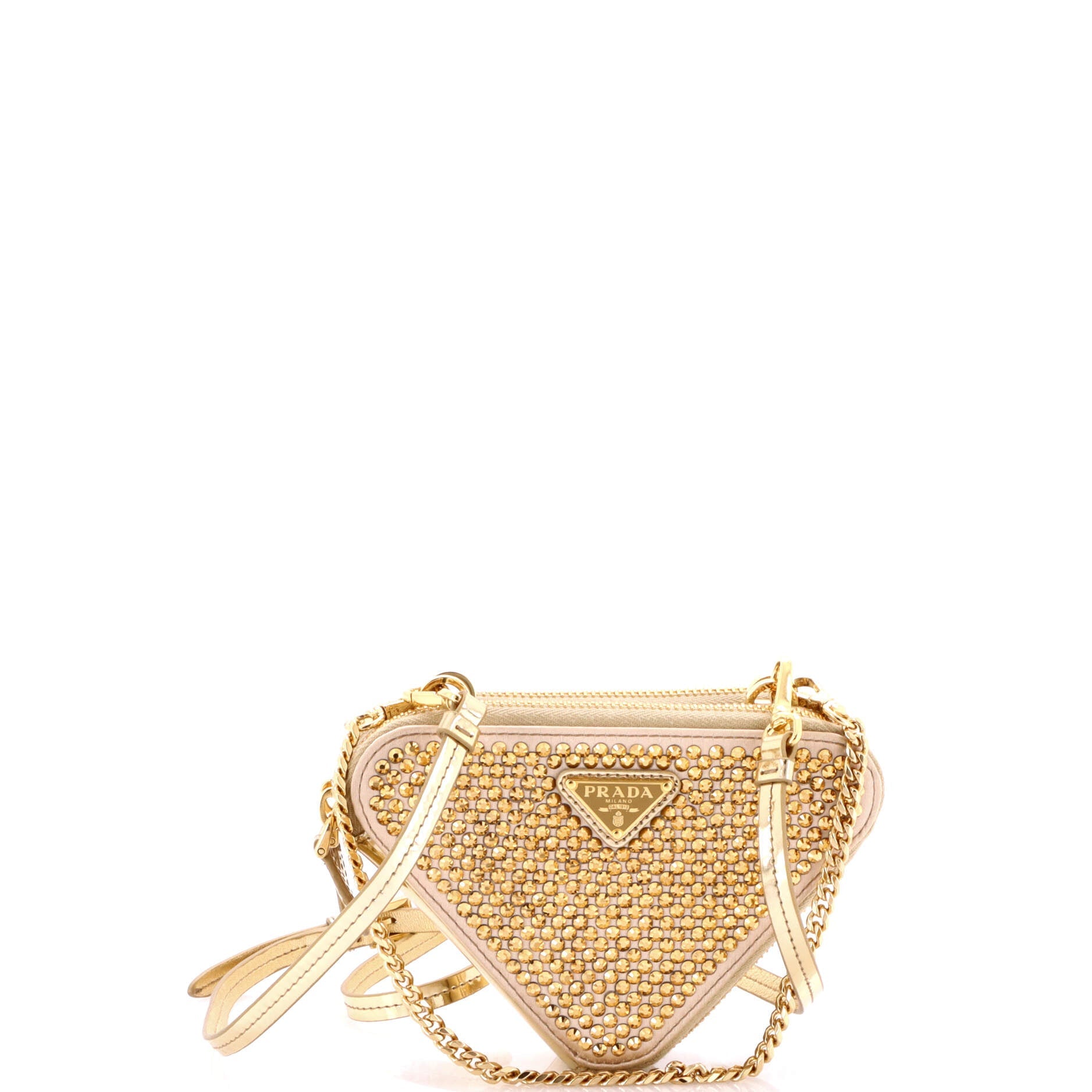 Prada Triangle Double Pouch Crossbody Crystal Embellished Satin Mini