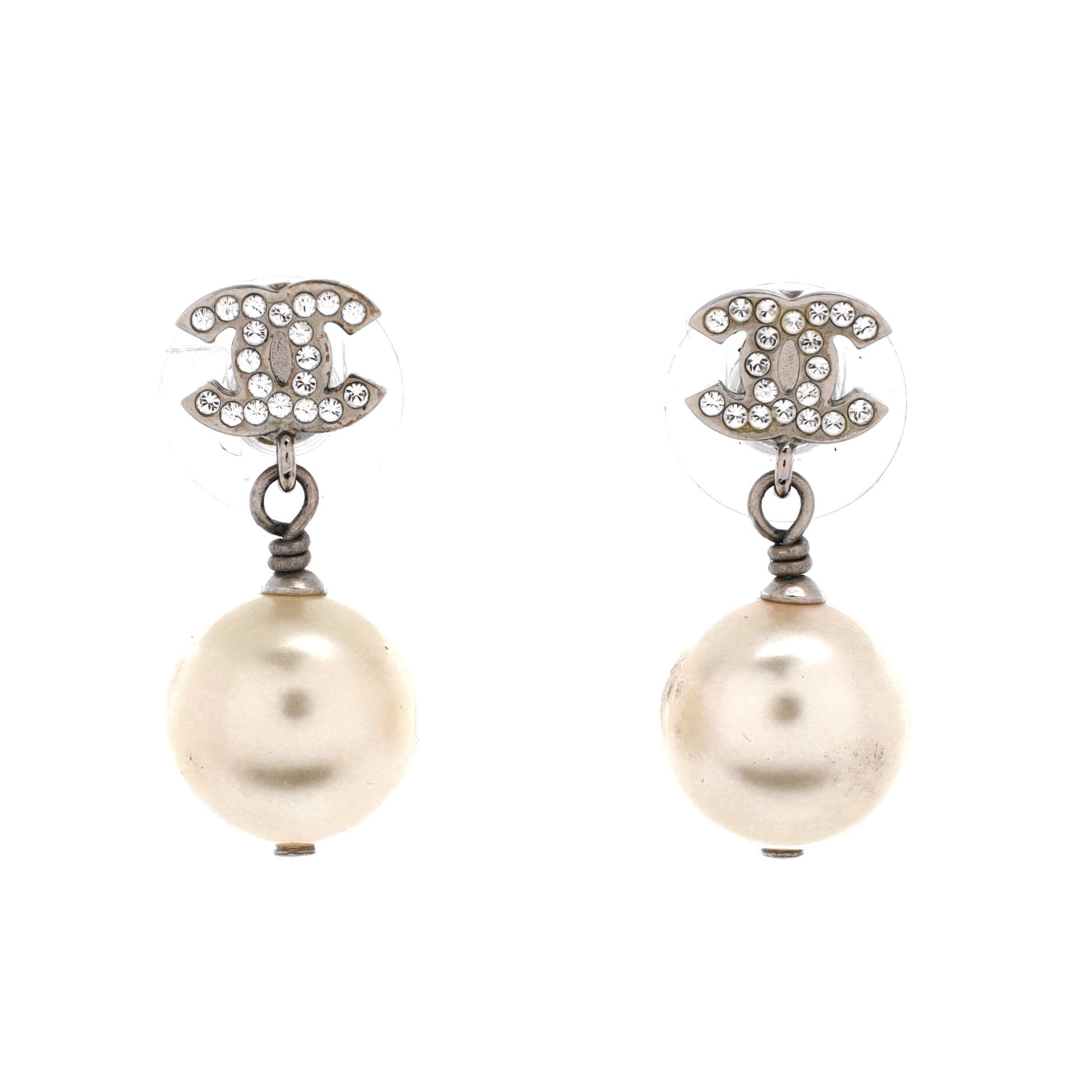 Chanel CC Dangle Earrings Crystal Embellished Metal with Faux Pearls