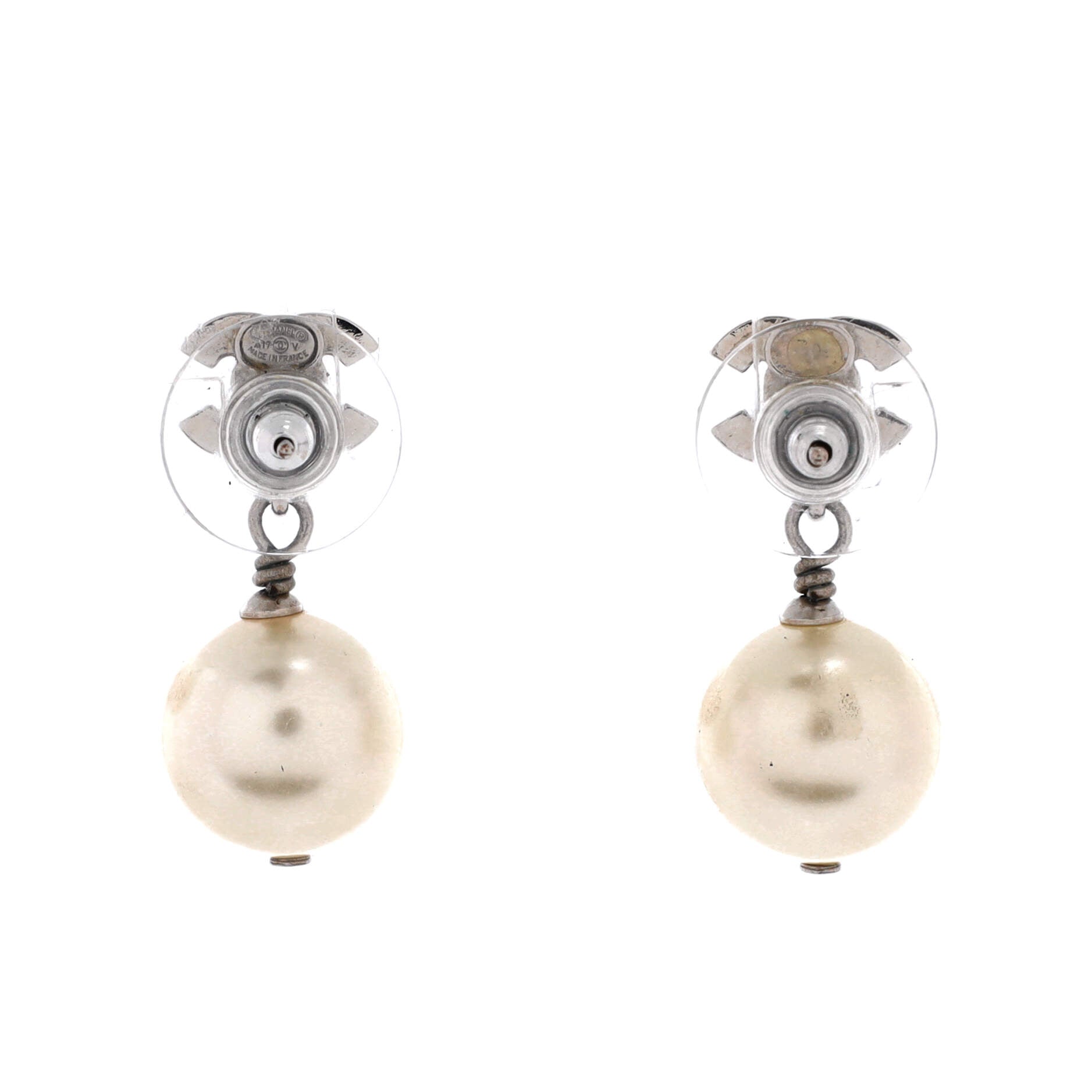 Chanel CC Dangle Earrings Crystal Embellished Metal with Faux Pearls
