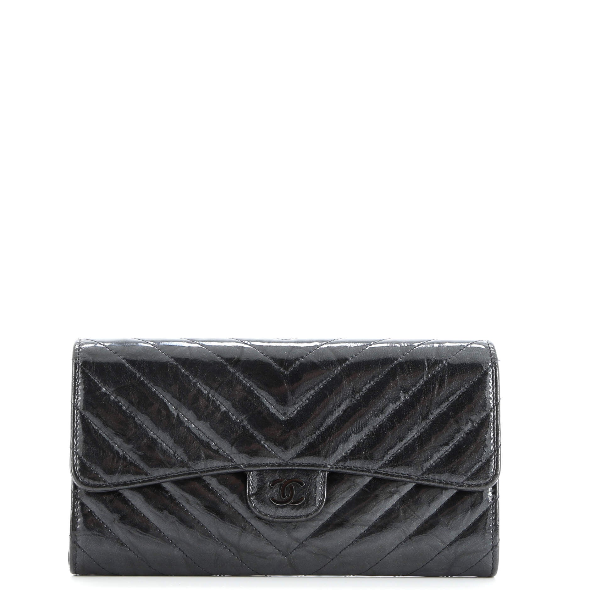 Chanel So Black CC Gusset Classic Flap Wallet Chevron Crumpled Metallic Patent Long