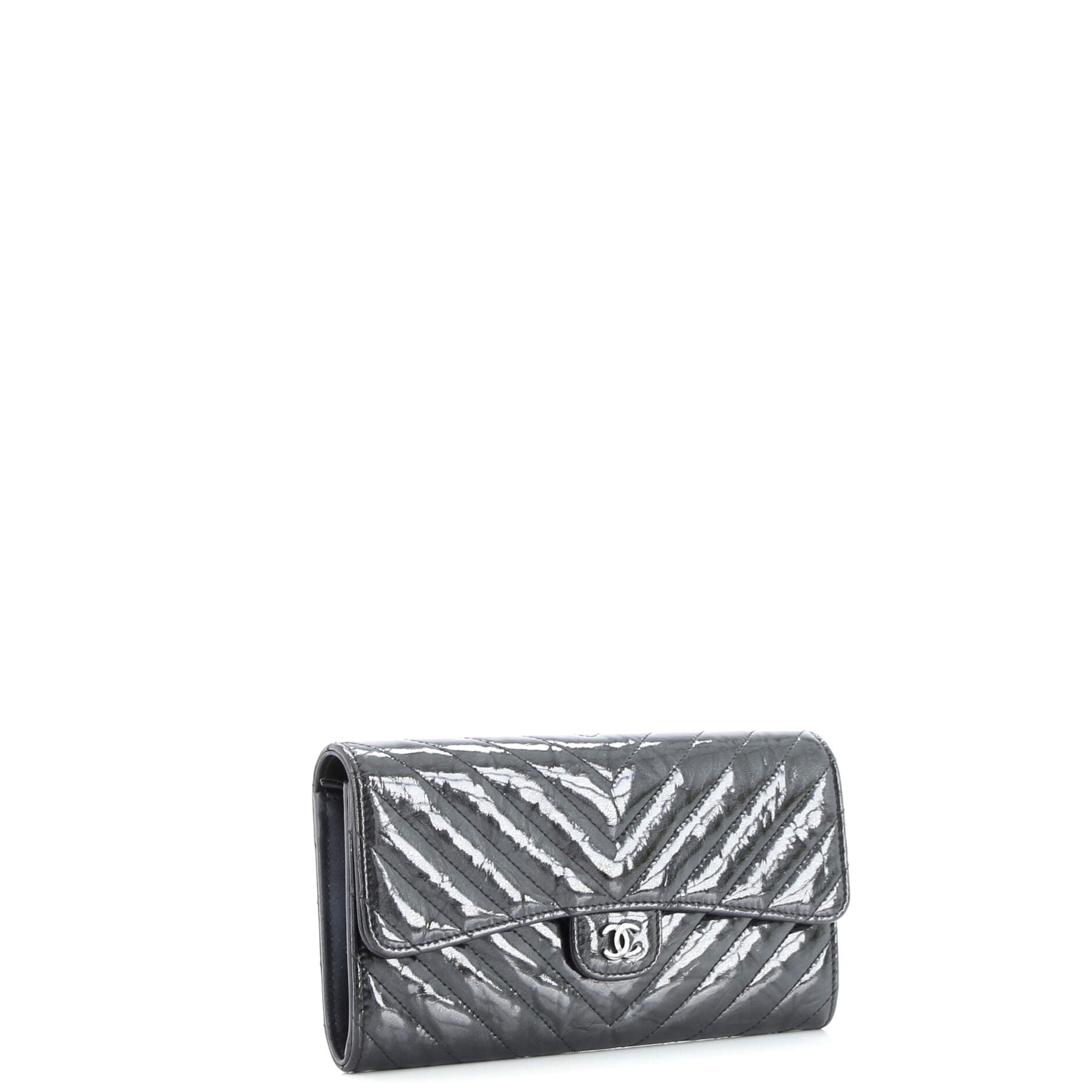 Chanel So Black CC Gusset Classic Flap Wallet Chevron Crumpled Metallic Patent Long