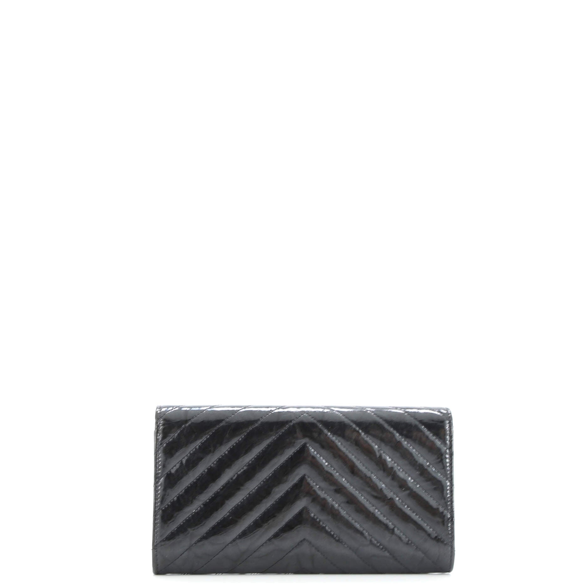 Chanel So Black CC Gusset Classic Flap Wallet Chevron Crumpled Metallic Patent Long