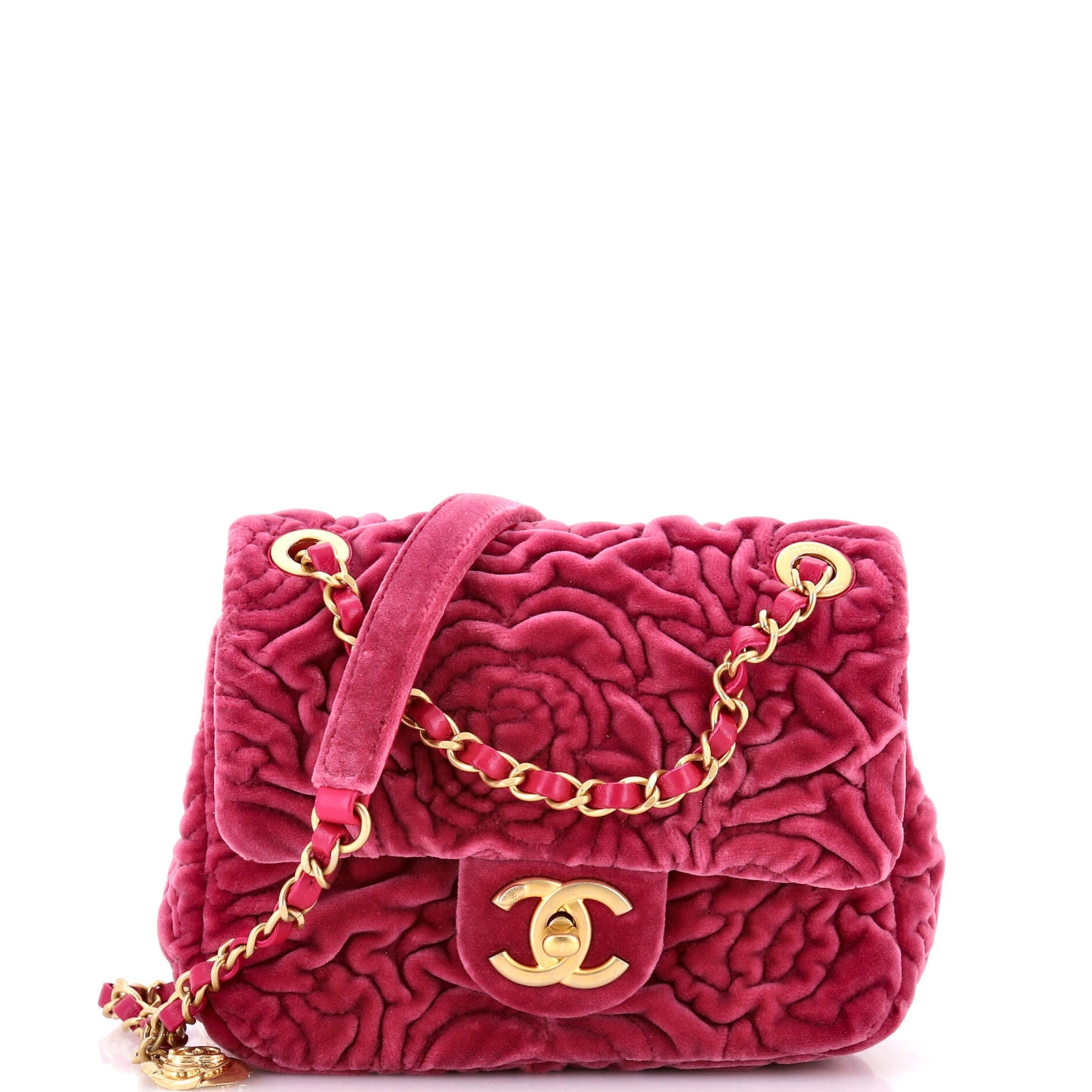 Chanel Square Classic Single Flap Bag Camellia Velvet Mini