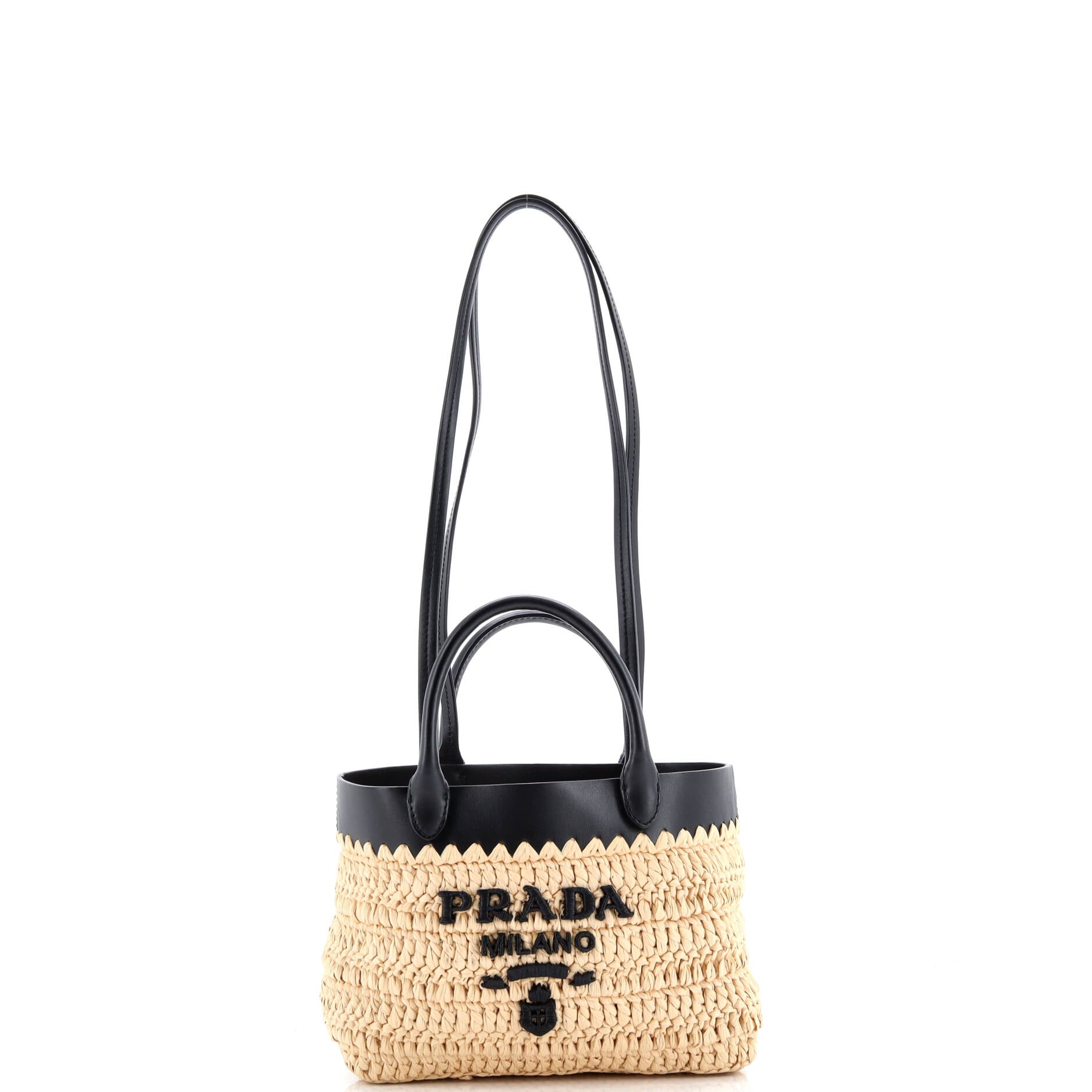 Prada Double Handle Shopper Tote Woven Raffia with Leather Mini