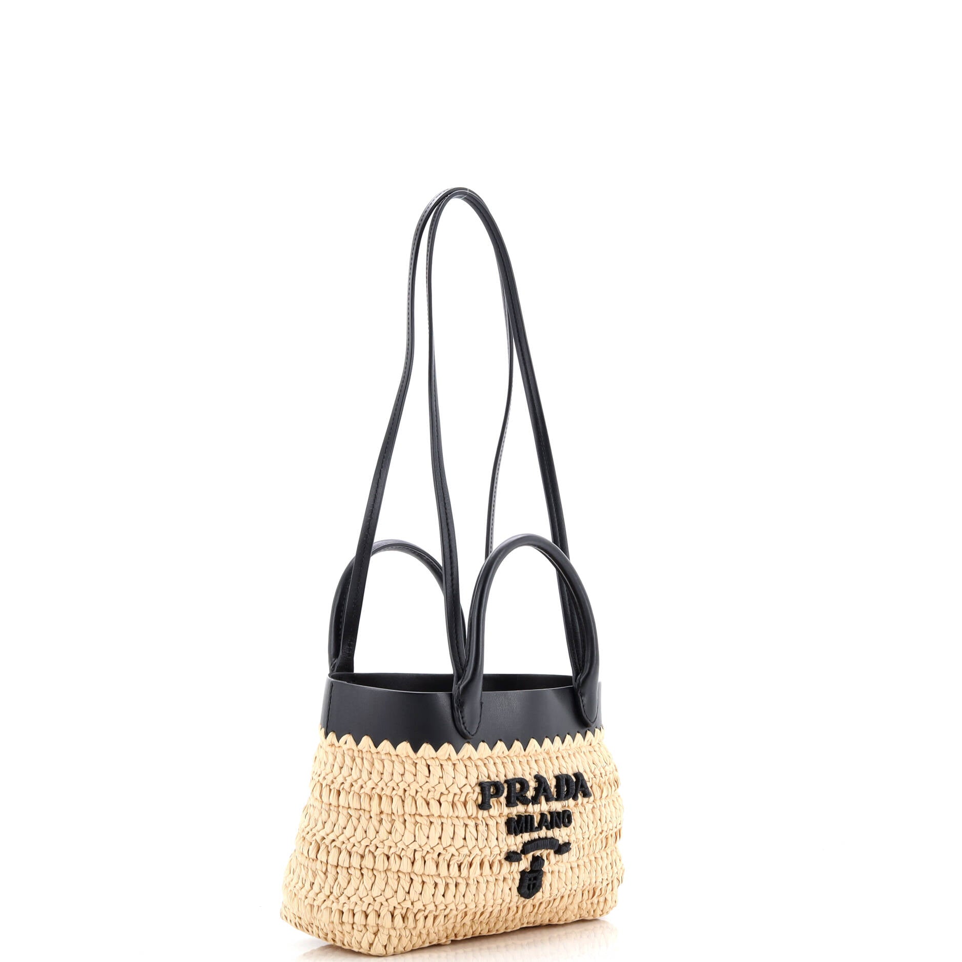Prada Double Handle Shopper Tote Woven Raffia with Leather Mini
