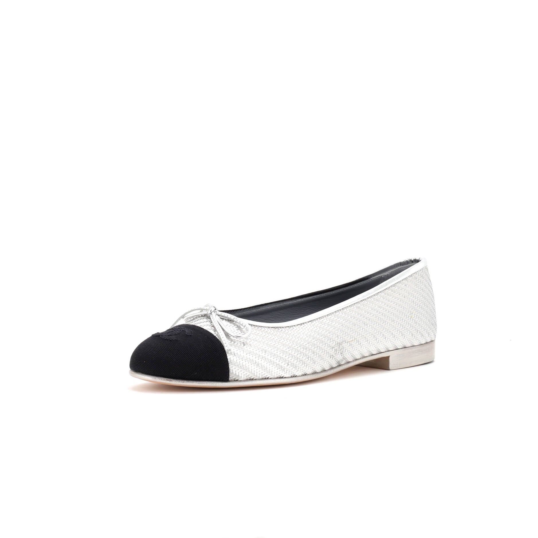 Chanel Women's CC Cap Toe Bow Ballerina Flats Woven Fabric with Grosgrain