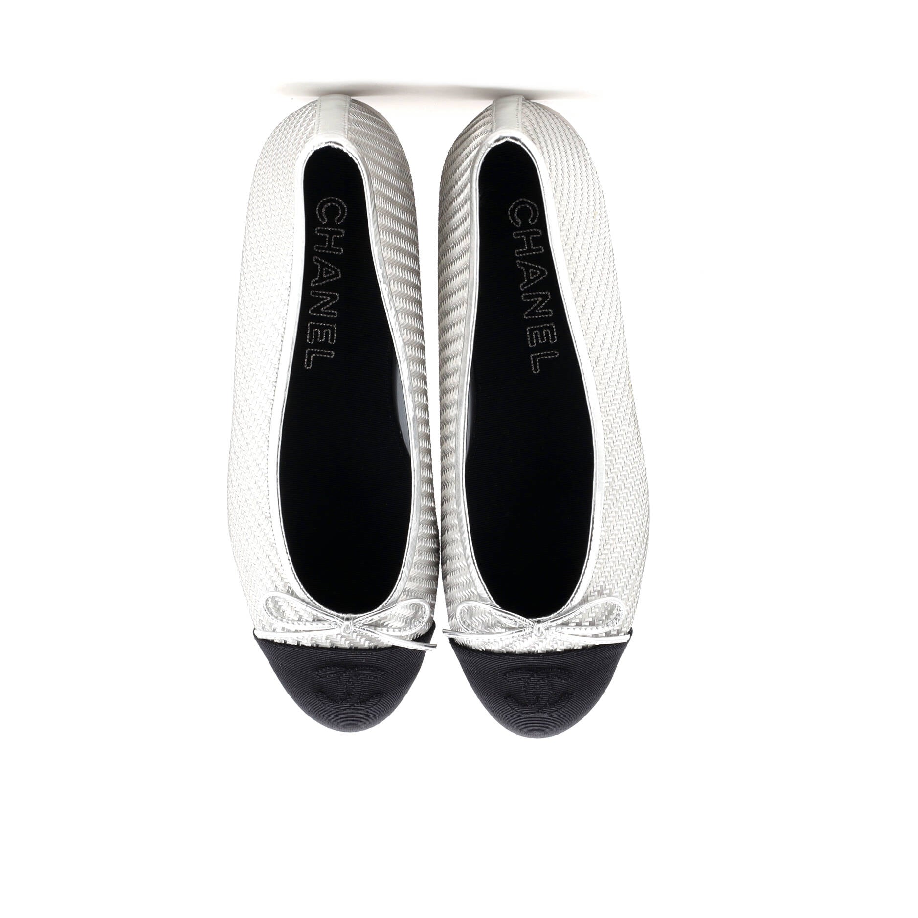 Chanel Women's CC Cap Toe Bow Ballerina Flats Woven Fabric with Grosgrain