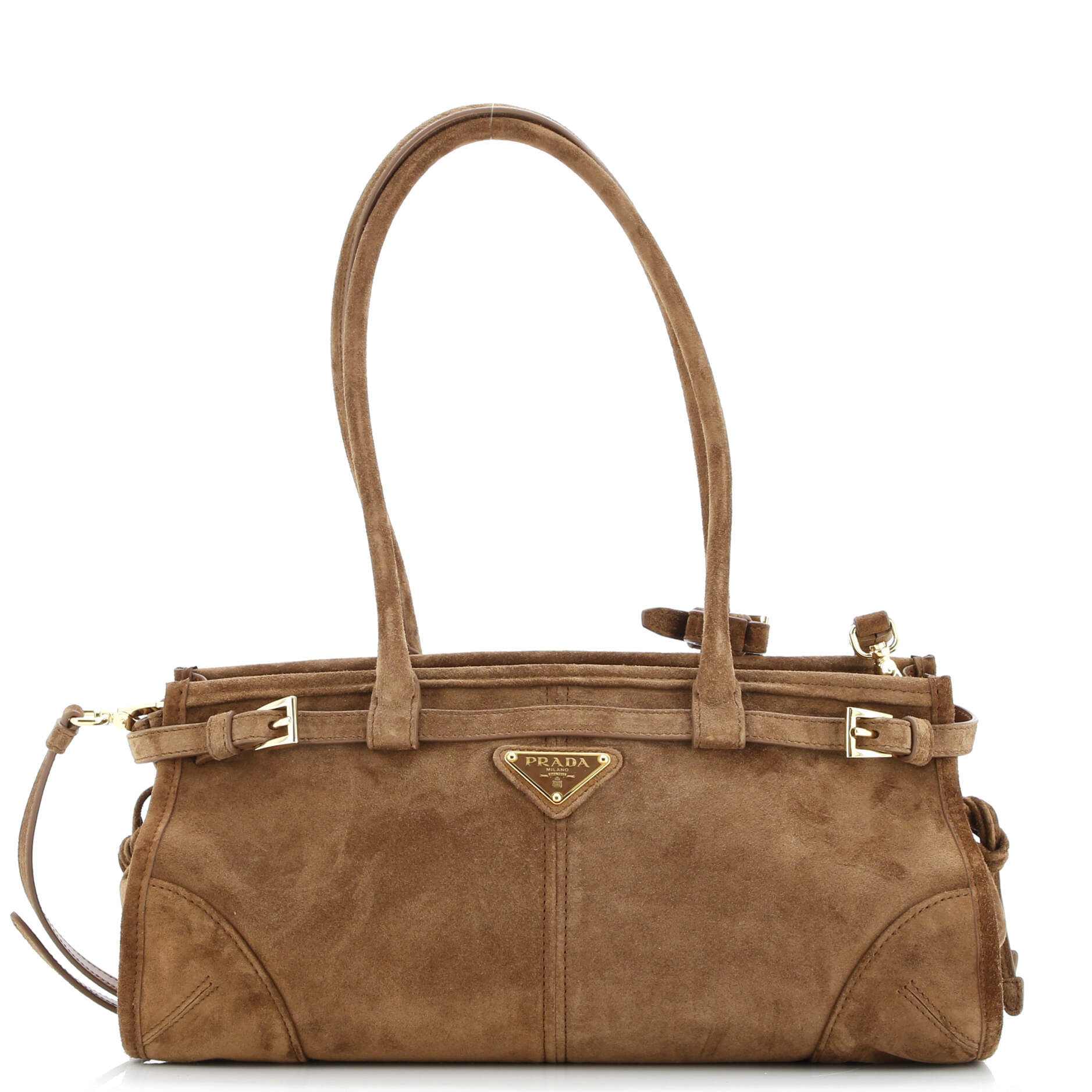 Prada Belted Convertible Shoulder Bag Suede Medium