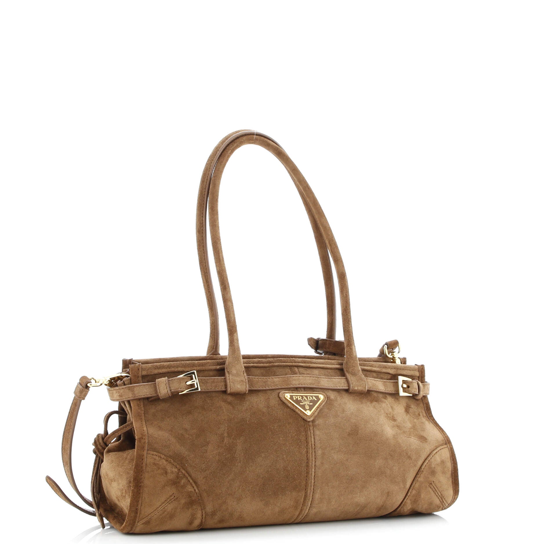 Prada Belted Convertible Shoulder Bag Suede Medium