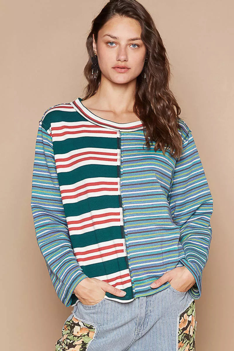 POL Color Block Striped Round Neck Long Sleeve T-Shirt