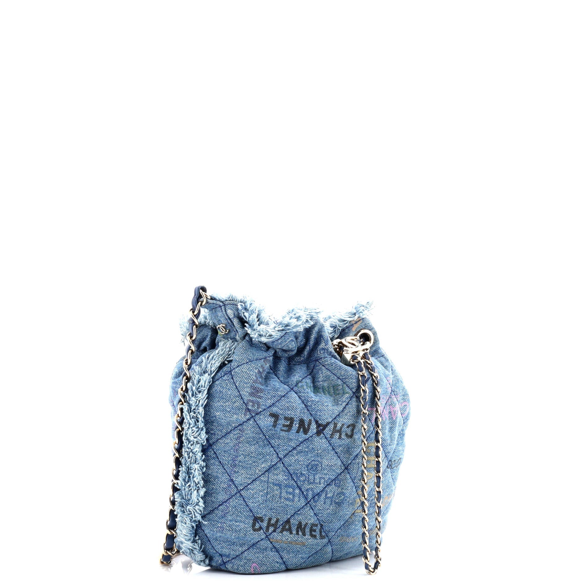 Chanel Denim Mood Chain Bucket Bag Logo Printed Quilted Fringe Denim Medium
