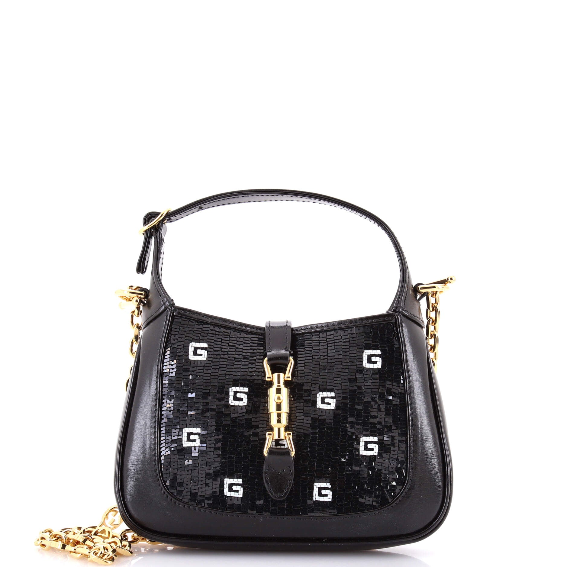 Gucci Jackie 1961 Chain Hobo Crystal GG Embellished Fabric with Lizard Mini