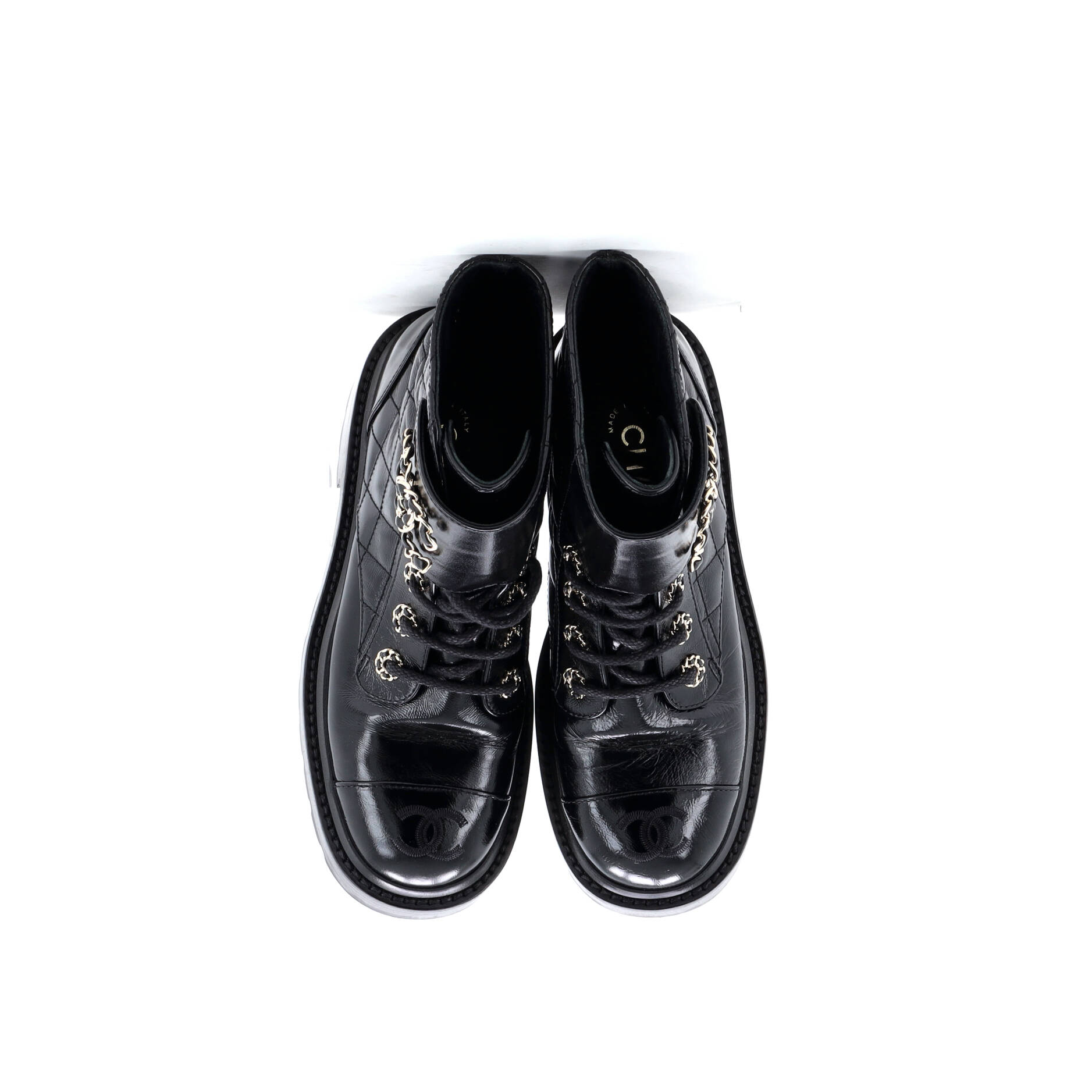 Chanel Women's Chain CC Cap Toe Lace Up Combat Boots Quilted Shiny Calfskin