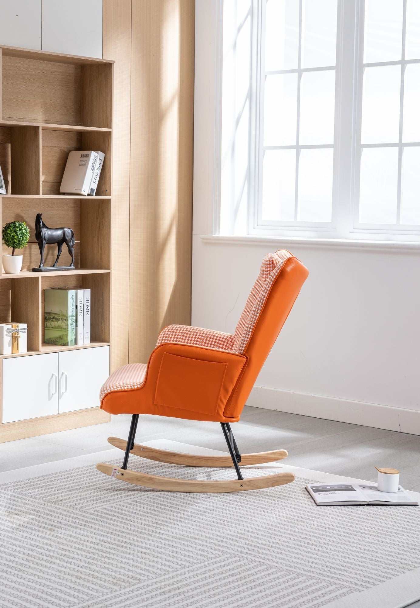 35.5 inch Rocking Chair, Soft Houndstooth Fabric Leather Fabric Rocking Chair for Nursery, Comfy Wingback Glider Rocker with Safe Solid Wood Base for Living Room Bedroom Balcony