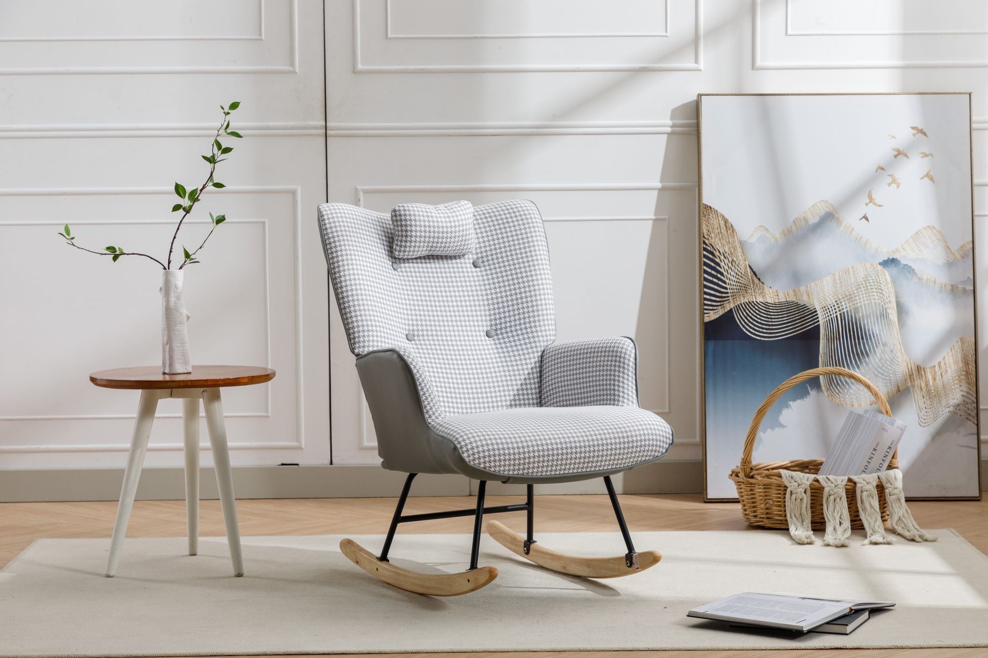 35.5 inch Rocking Chair, Soft Houndstooth Fabric Leather Fabric Rocking Chair for Nursery, Comfy Wingback Glider Rocker with Safe Solid Wood Base for Living Room Bedroom Balcony