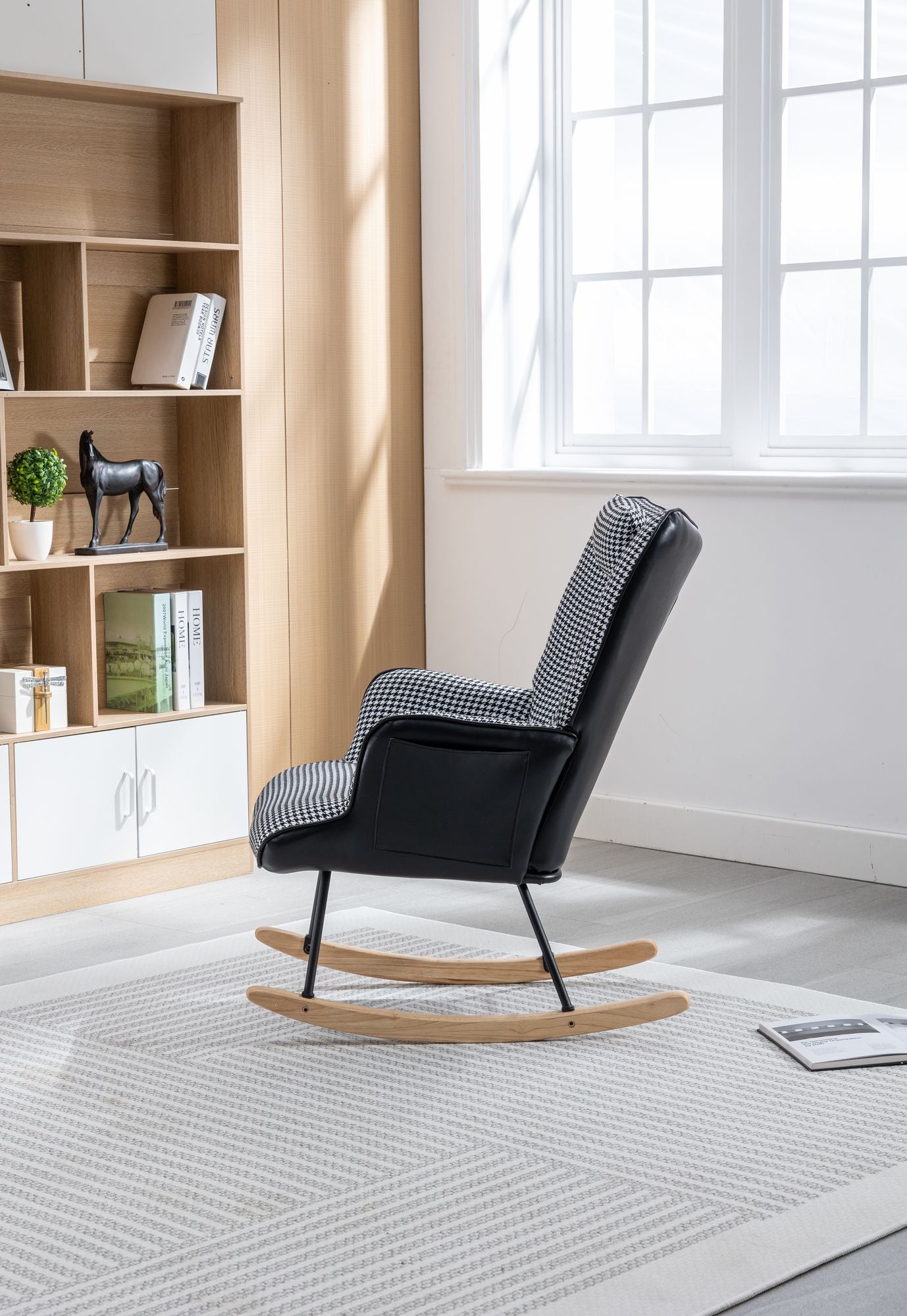 35.5 inch Rocking Chair, Soft Houndstooth Fabric Leather Fabric Rocking Chair for Nursery, Comfy Wingback Glider Rocker with Safe Solid Wood Base for Living Room Bedroom Balcony