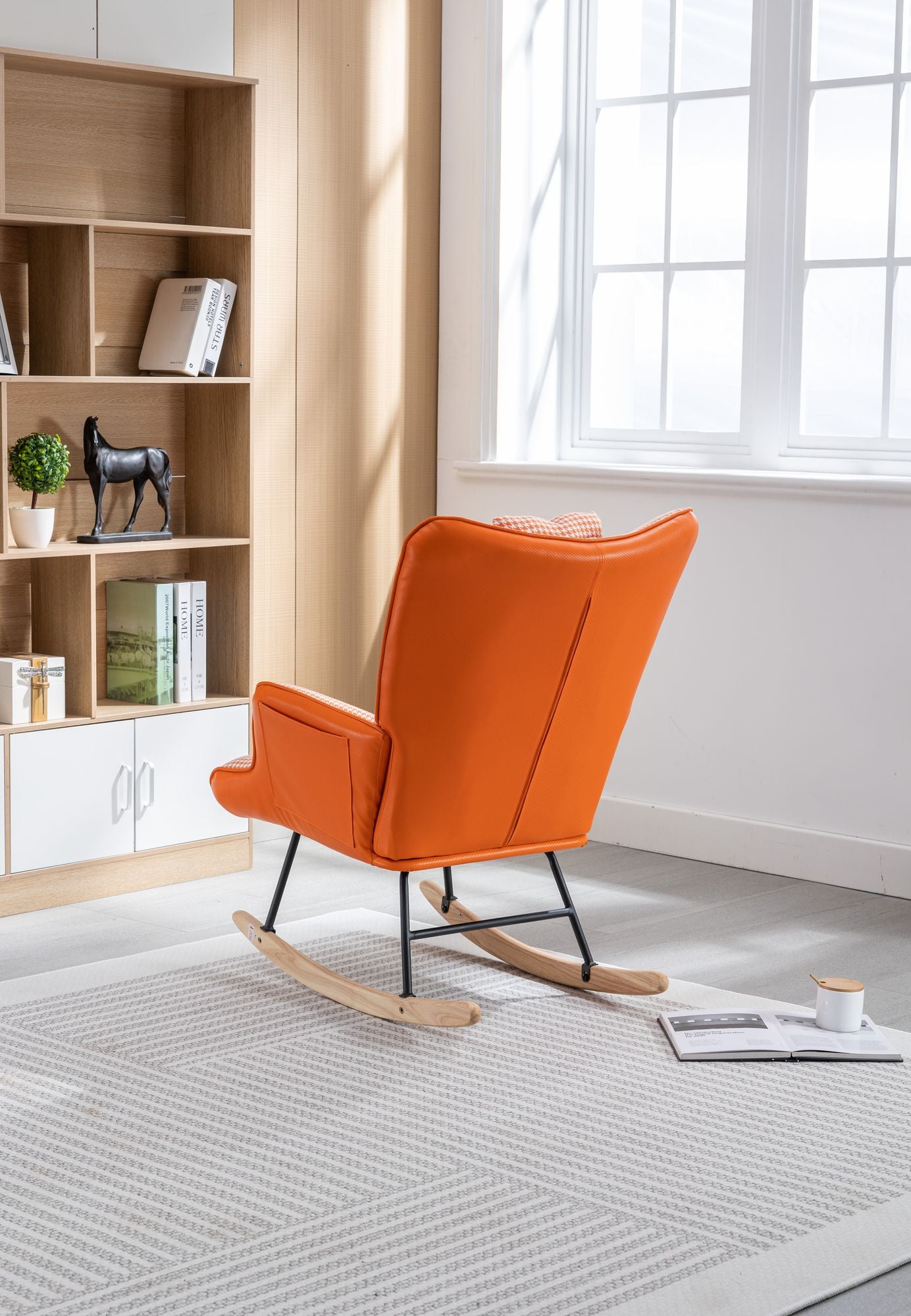 35.5 inch Rocking Chair, Soft Houndstooth Fabric Leather Fabric Rocking Chair for Nursery, Comfy Wingback Glider Rocker with Safe Solid Wood Base for Living Room Bedroom Balcony