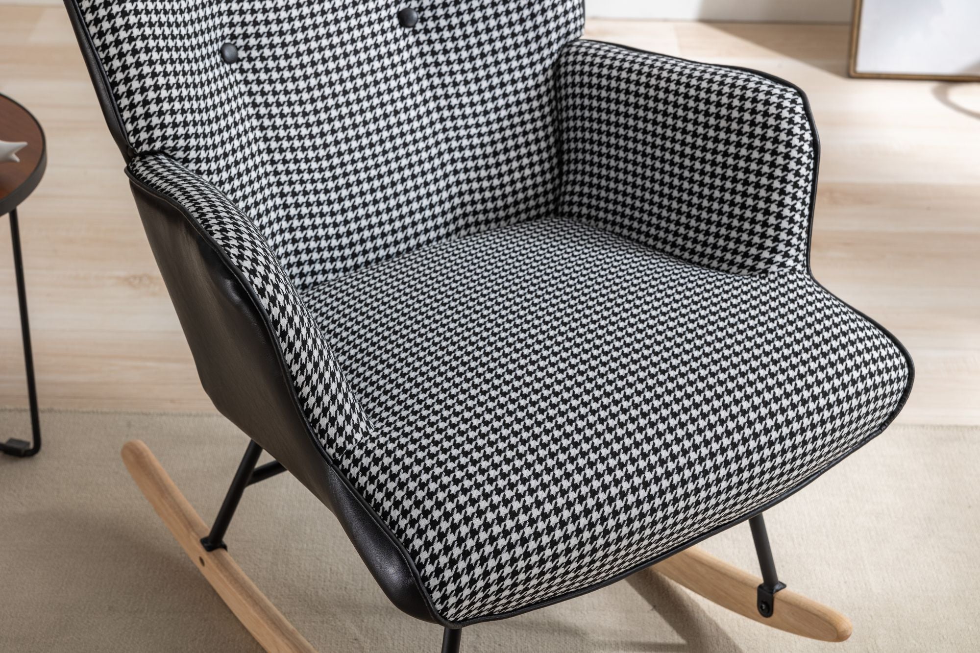 35.5 inch Rocking Chair, Soft Houndstooth Fabric Leather Fabric Rocking Chair for Nursery, Comfy Wingback Glider Rocker with Safe Solid Wood Base for Living Room Bedroom Balcony