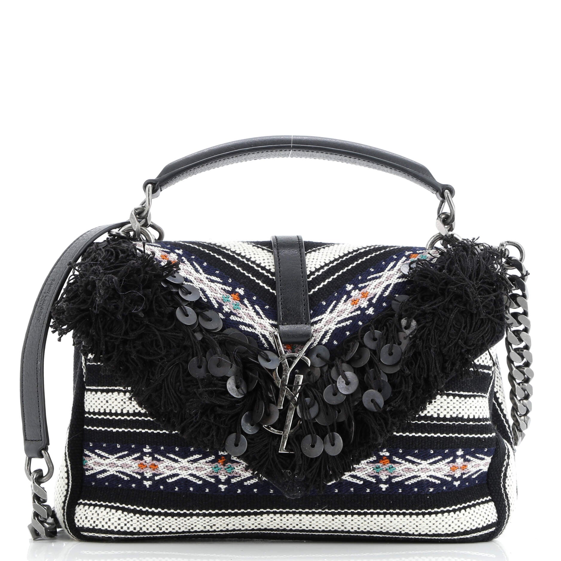 Saint Laurent Classic Monogram College Bag Canvas with Embellished Fringe Medium