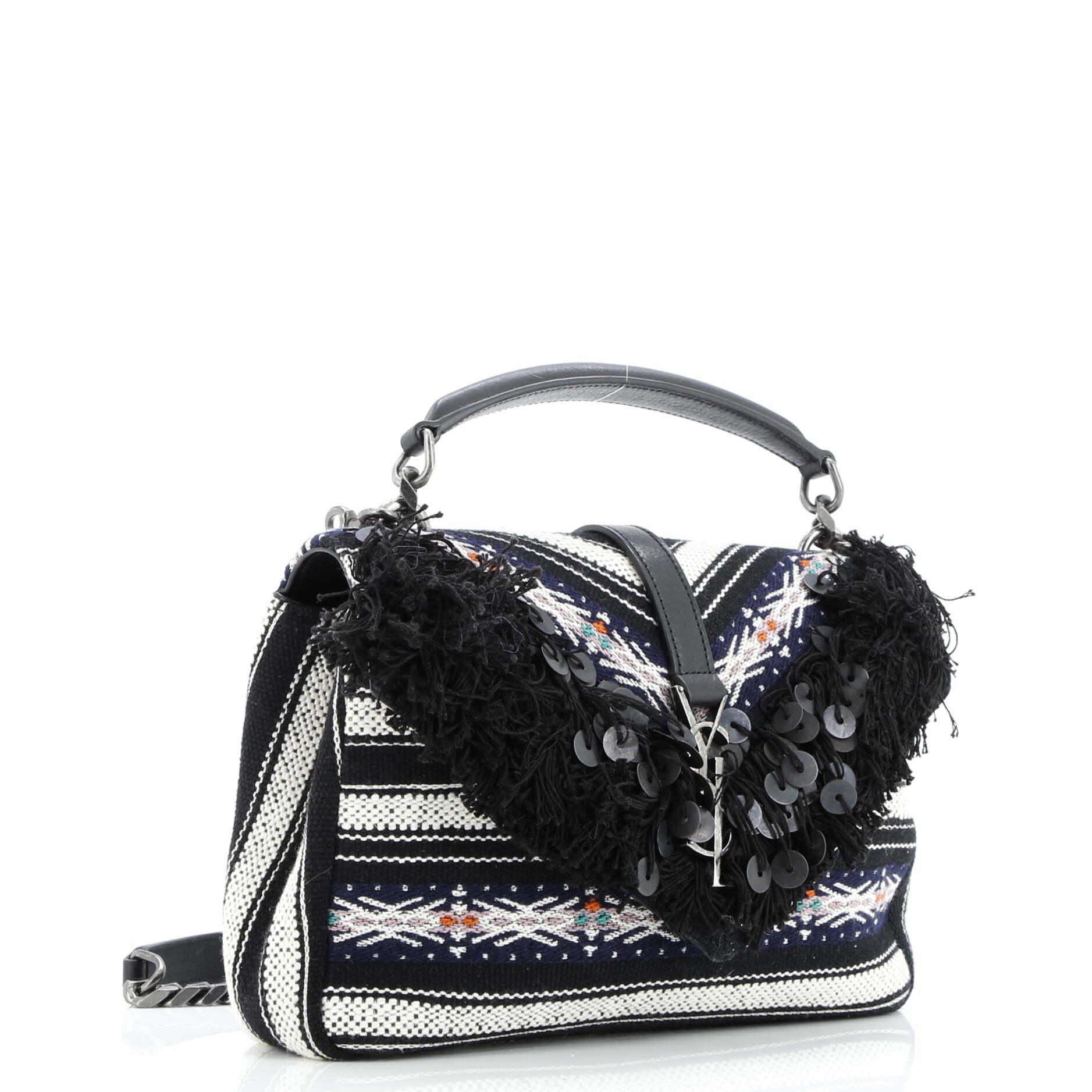 Saint Laurent Classic Monogram College Bag Canvas with Embellished Fringe Medium