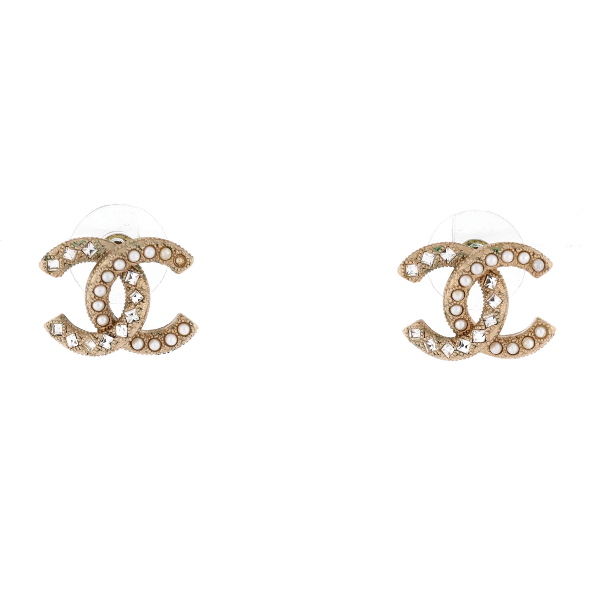 Chanel CC Stud Earrings Metal with Faux Pearls and Crystals