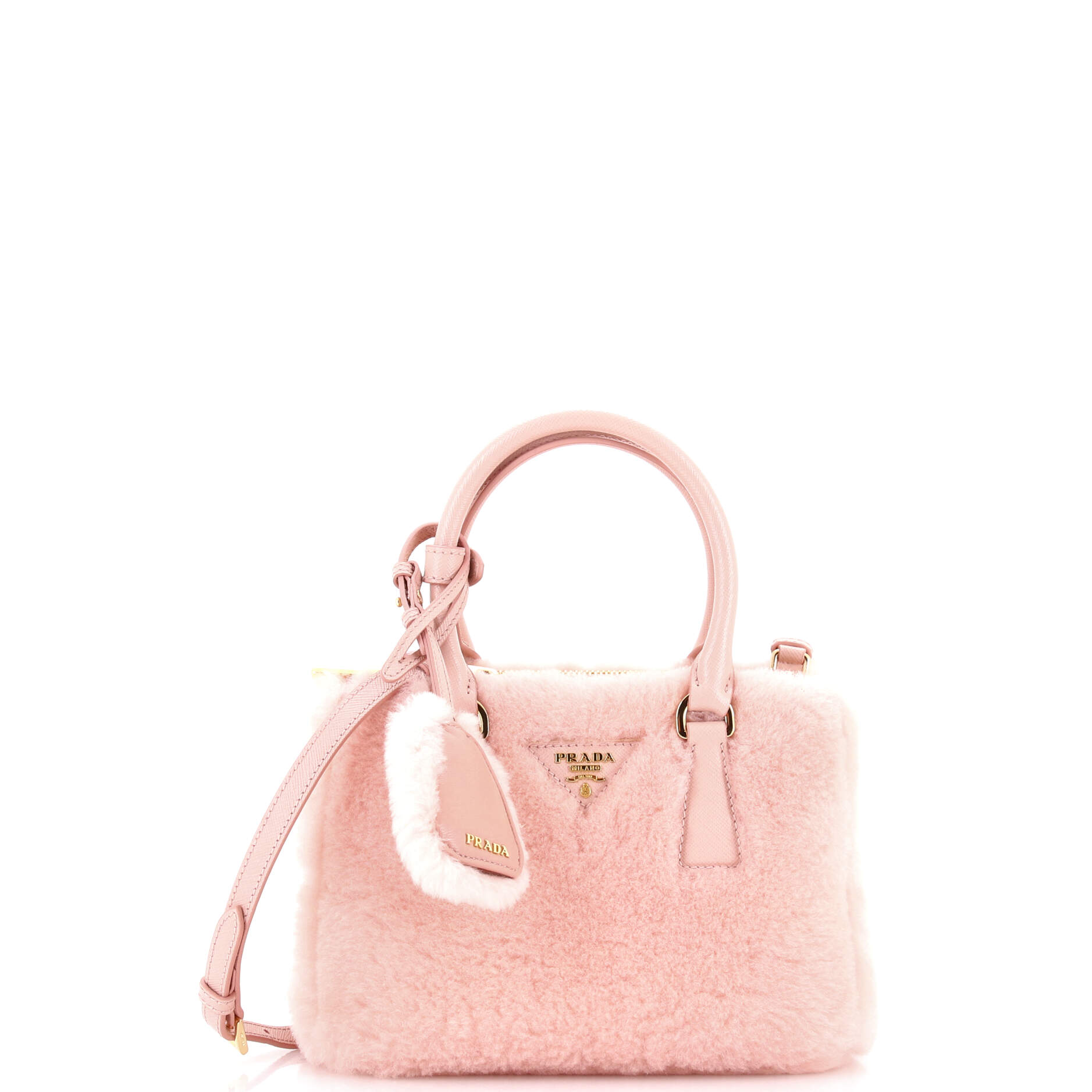 Prada Galleria Double Zip Tote Shearling and Leather Mini