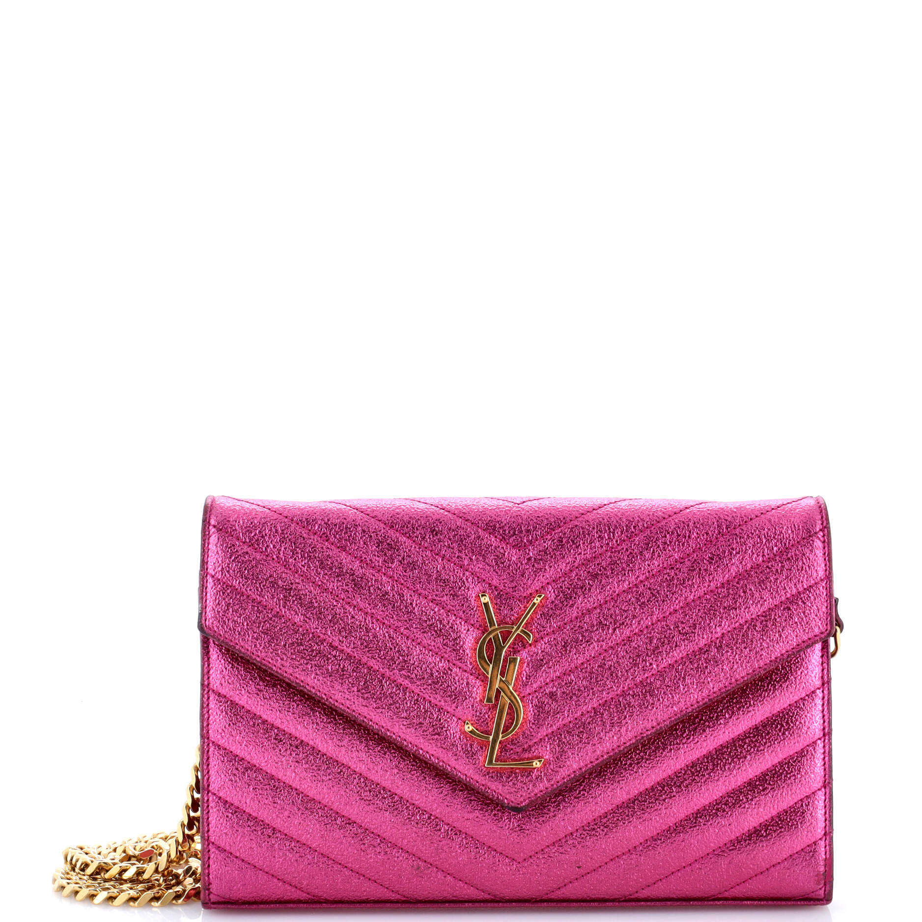 Saint Laurent Classic Monogram Wallet on Chain Matelasse Chevron Metallic Leather Medium