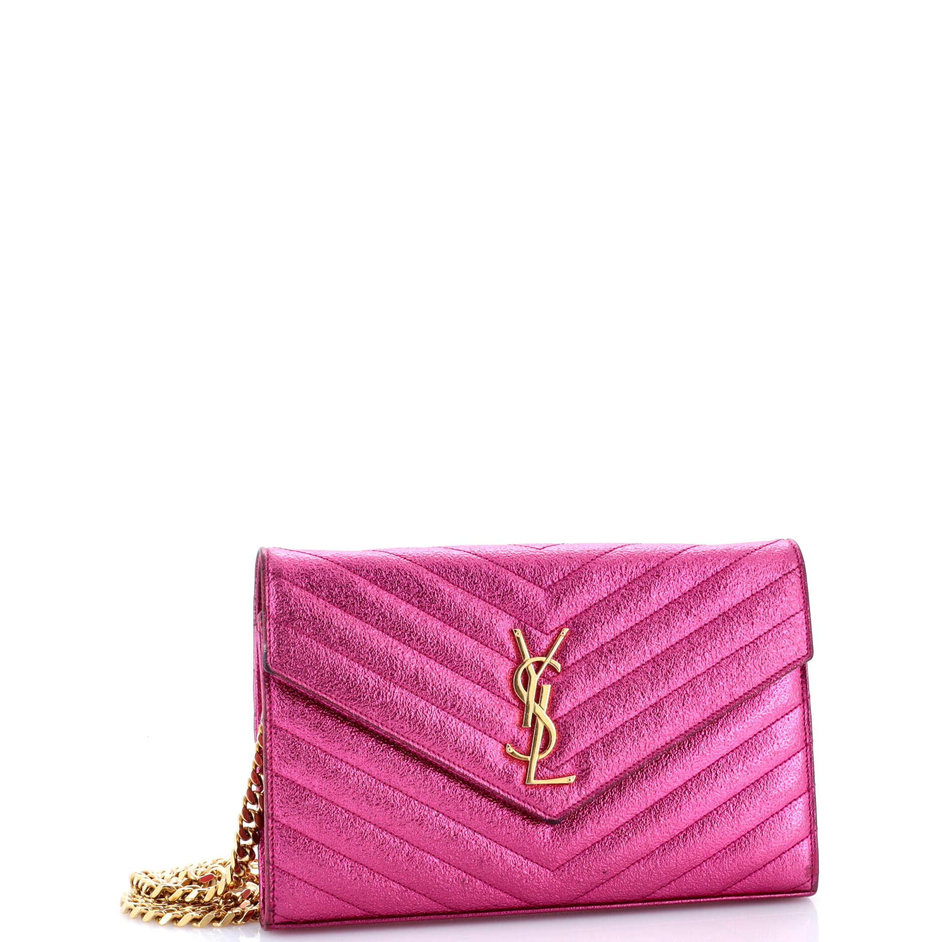 Saint Laurent Classic Monogram Wallet on Chain Matelasse Chevron Metallic Leather Medium