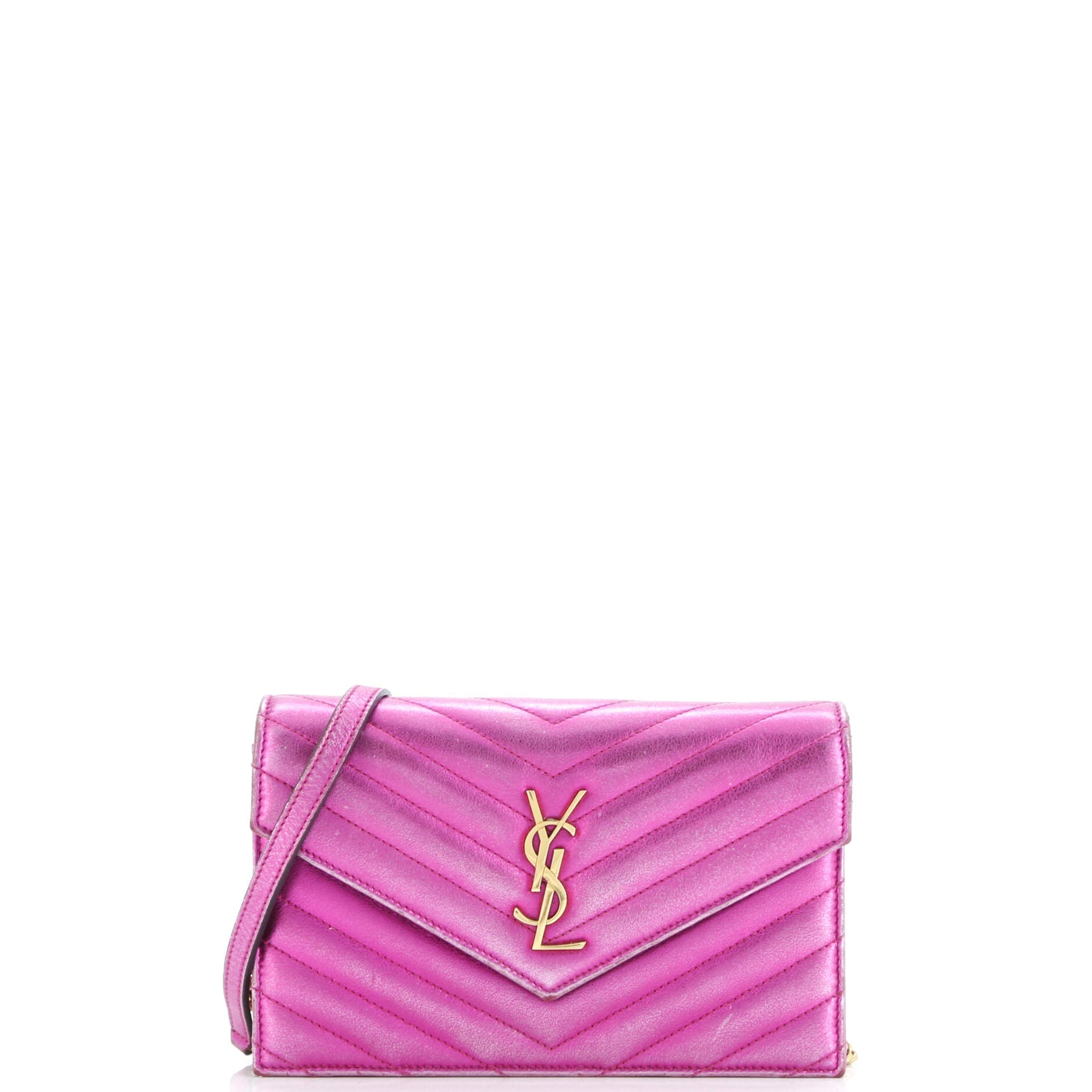 Saint Laurent Classic Monogram Wallet on Chain Matelasse Chevron Metallic Leather Small