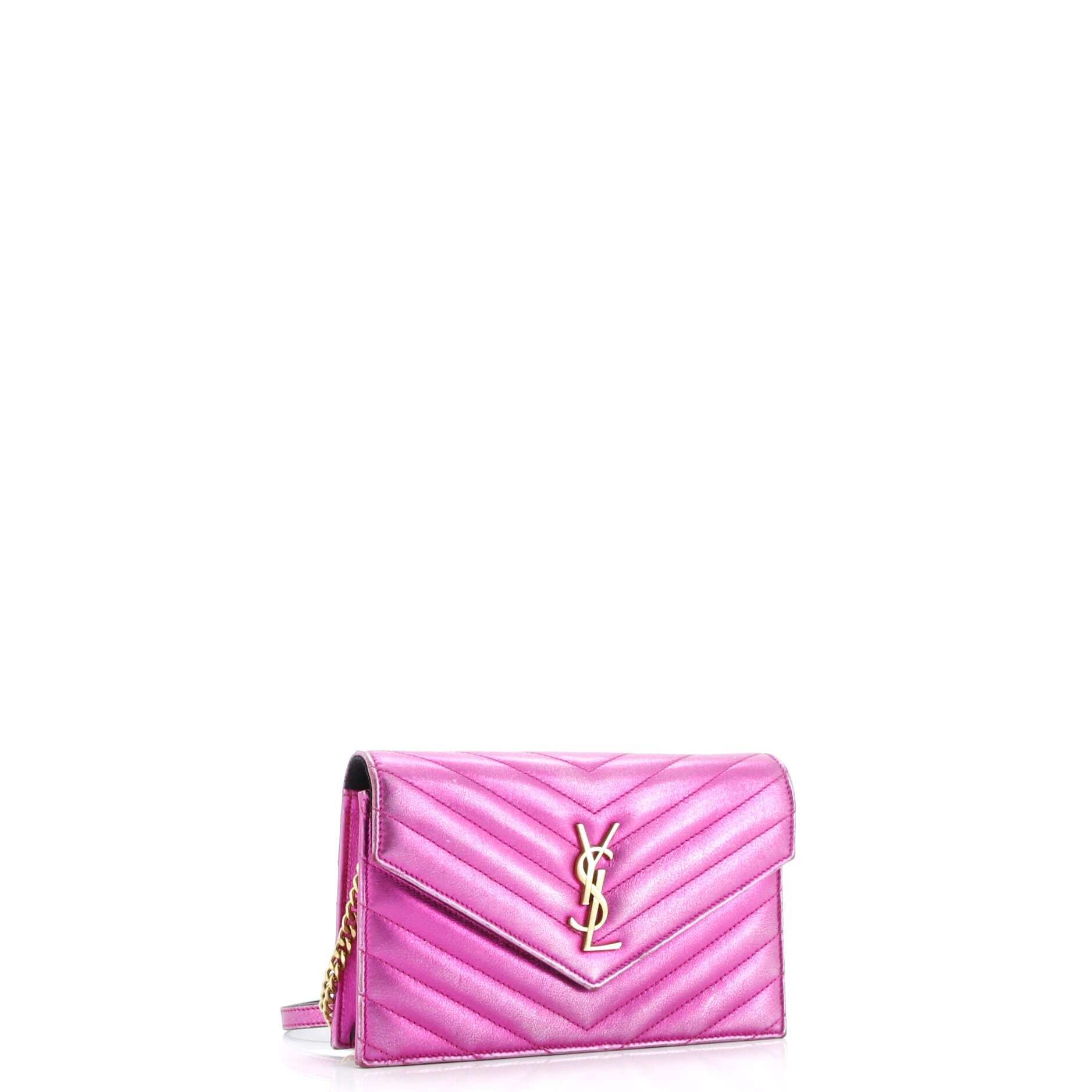 Saint Laurent Classic Monogram Wallet on Chain Matelasse Chevron Metallic Leather Small