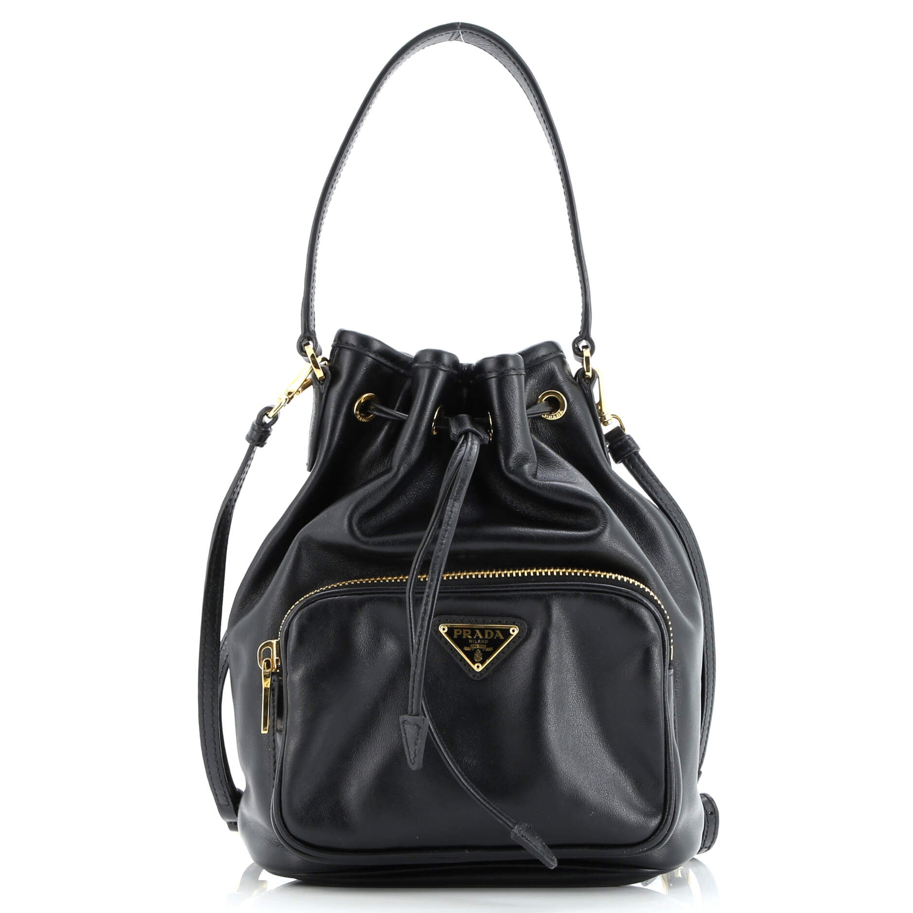Prada Drawstring Pocket Bucket Bag Soft Calf Small