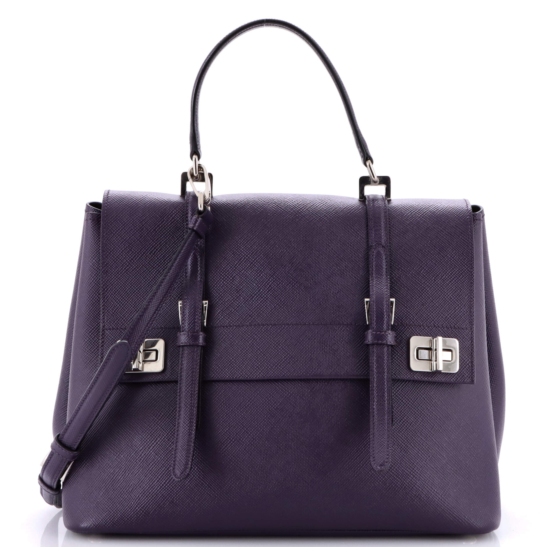 Prada Half Flap Double Turn Lock Satchel Saffiano Leather Large