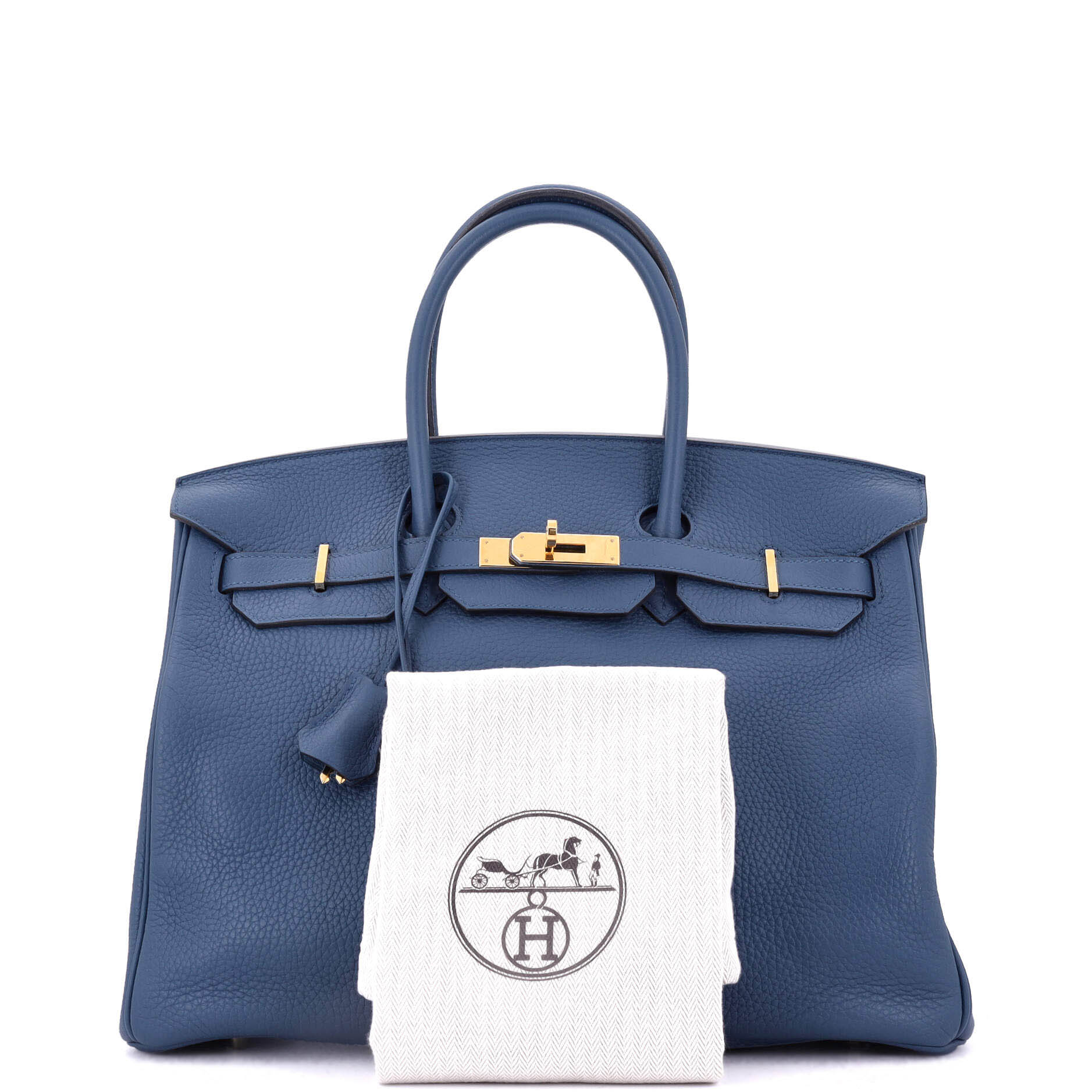 Hermes Birkin Handbag Blue Clemence with Gold Hardware 35