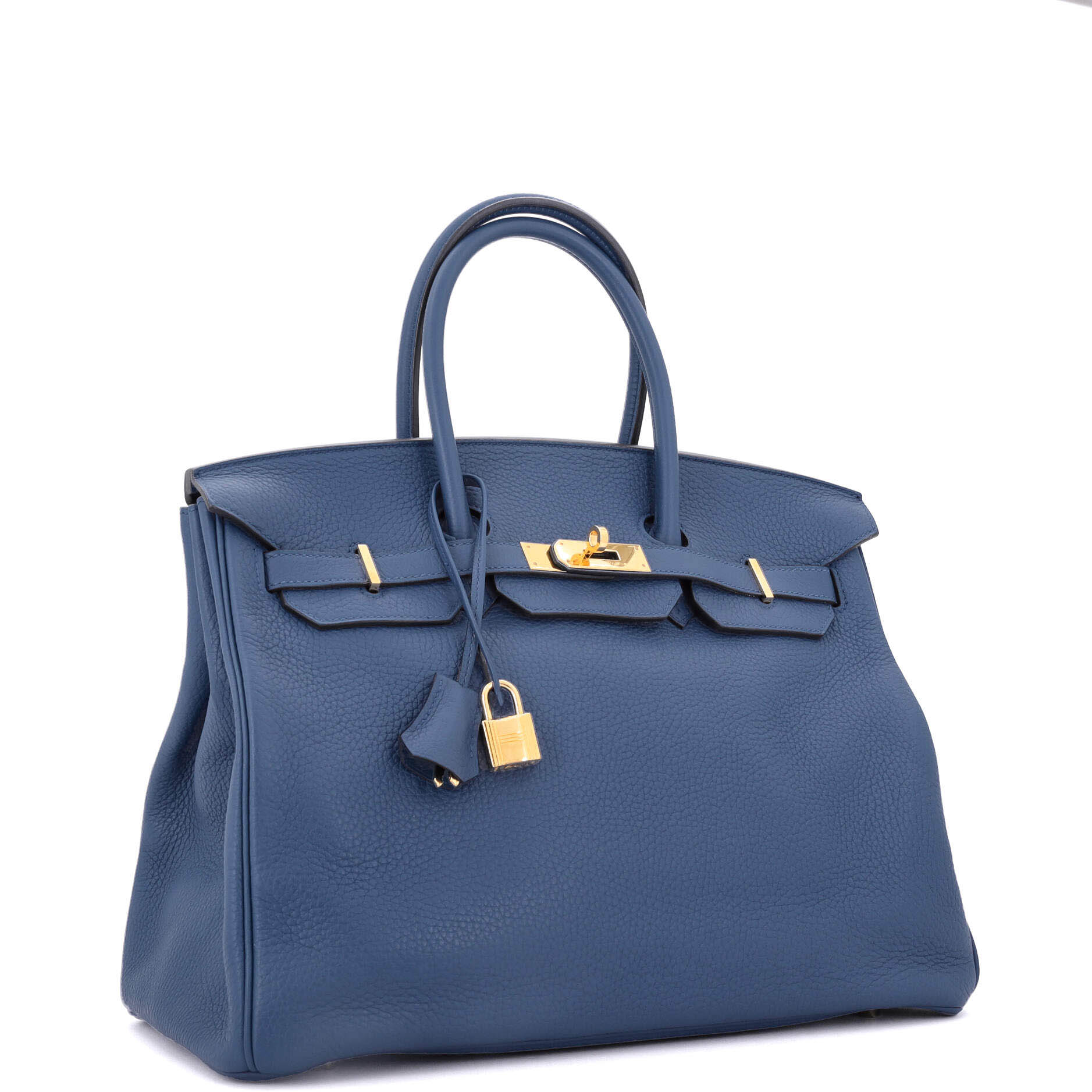Hermes Birkin Handbag Blue Clemence with Gold Hardware 35