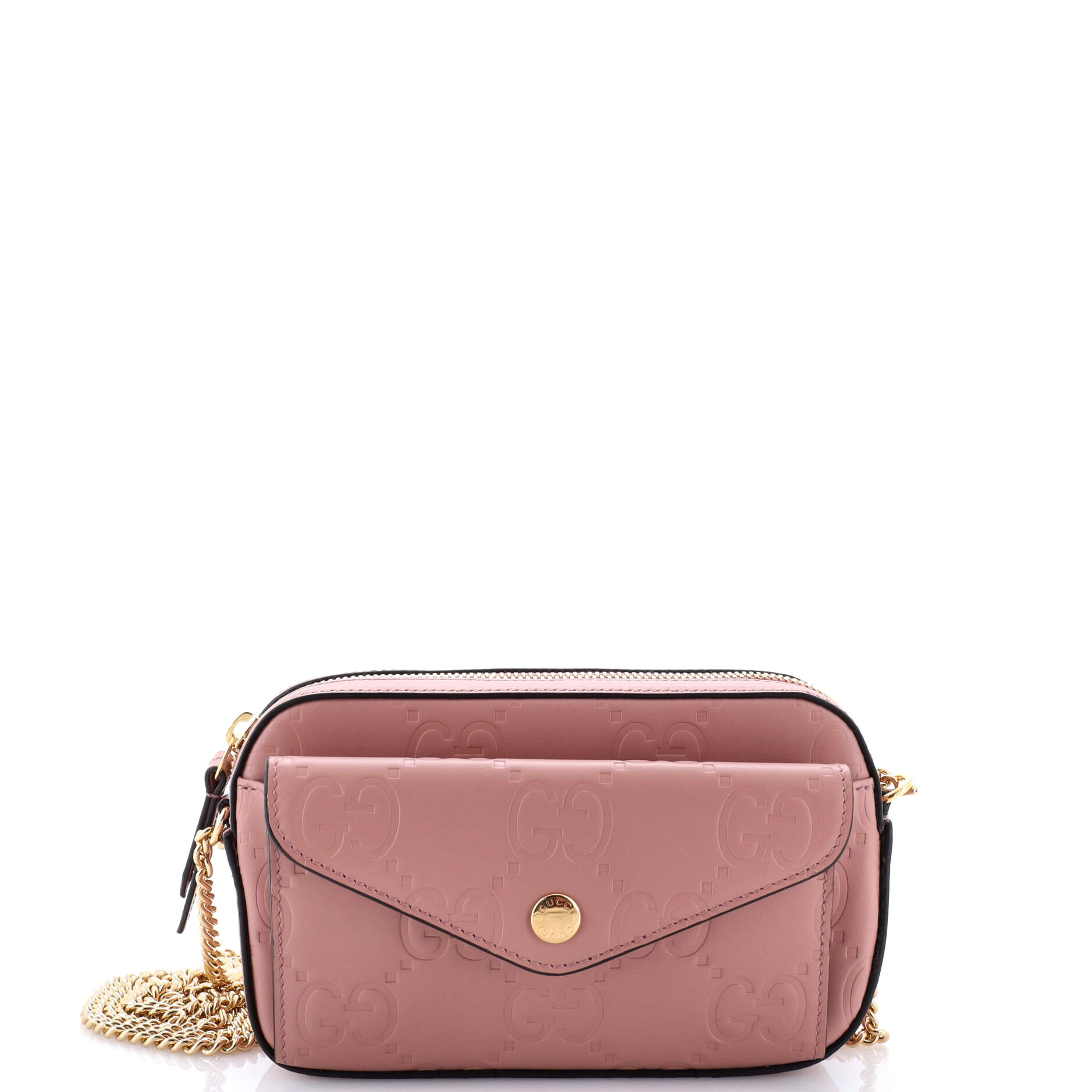 Gucci Front Pocket Chain Shoulder Bag Jumbo GG Embossed Leather Super Mini
