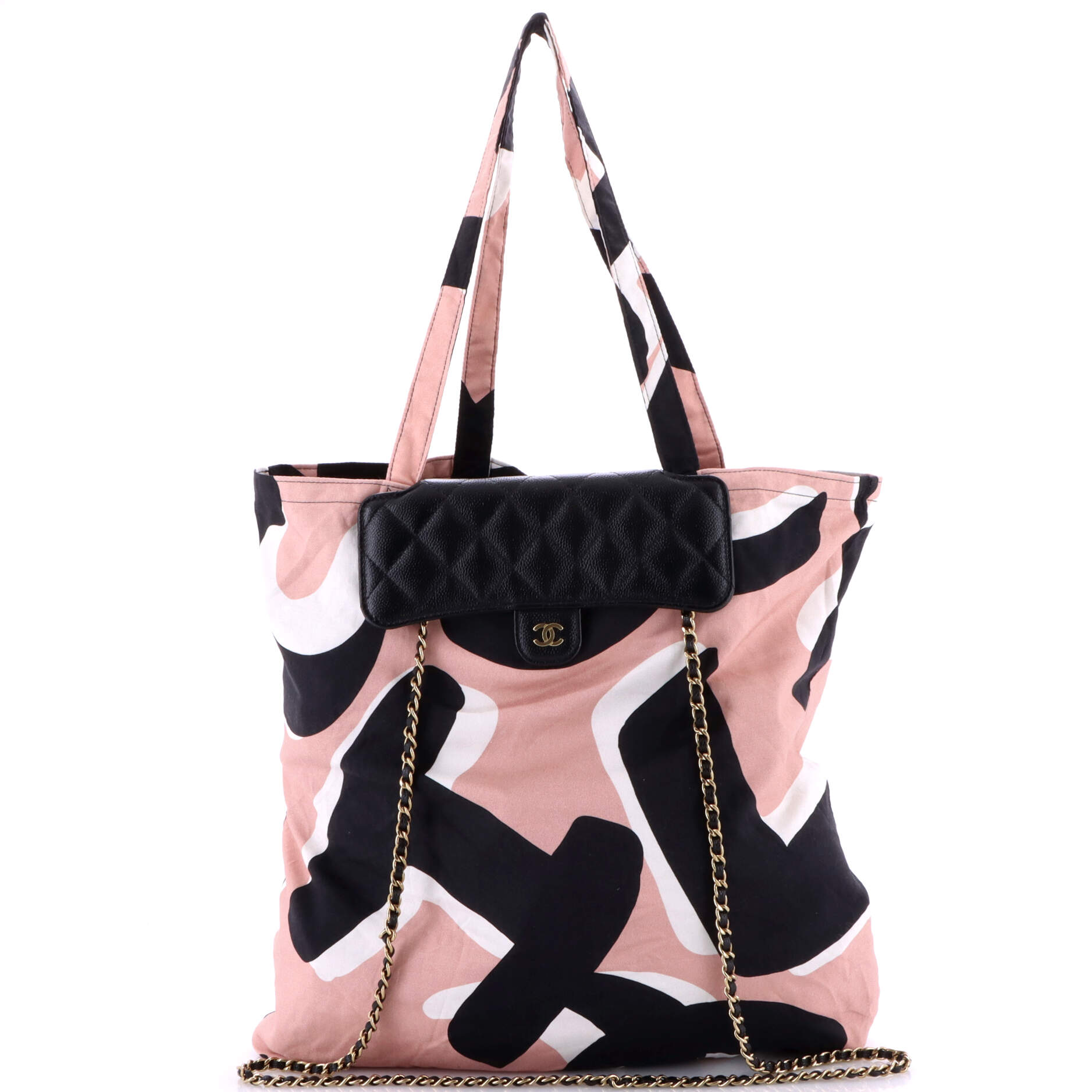 Chanel Foldable Tote Bag with Chain Quilted Caviar with Printed Nylon