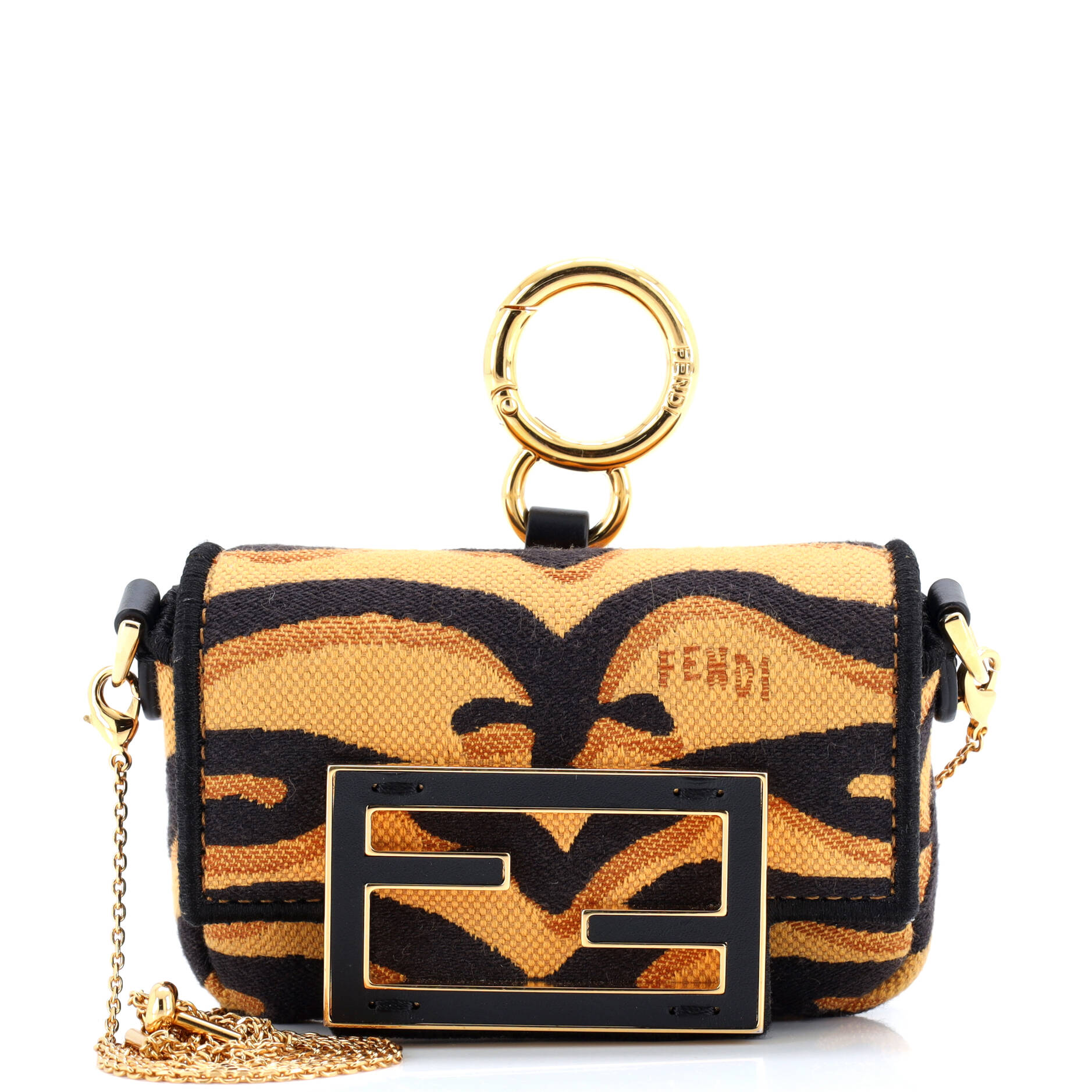 Fendi Chain Baguette Charm Bag Embroidered Canvas Nano