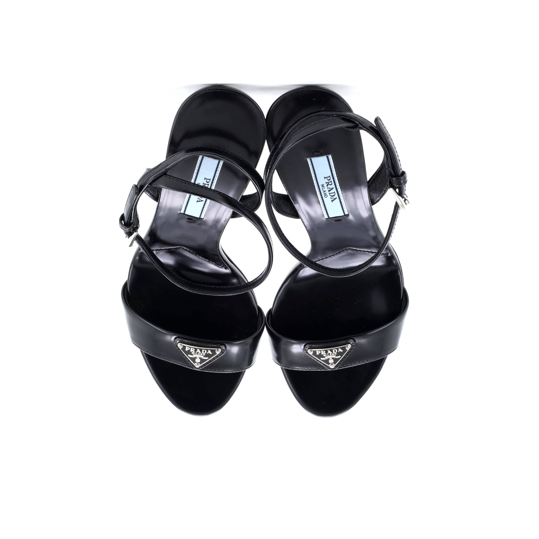 Prada Women's Triangle Logo Ankle Strap Heeled Sandals Leather