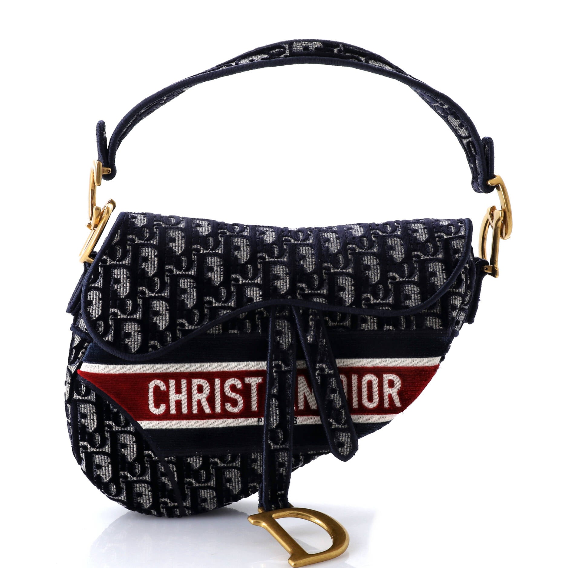 Christian Dior Saddle Handbag Logo Embroidered Oblique Velvet Medium