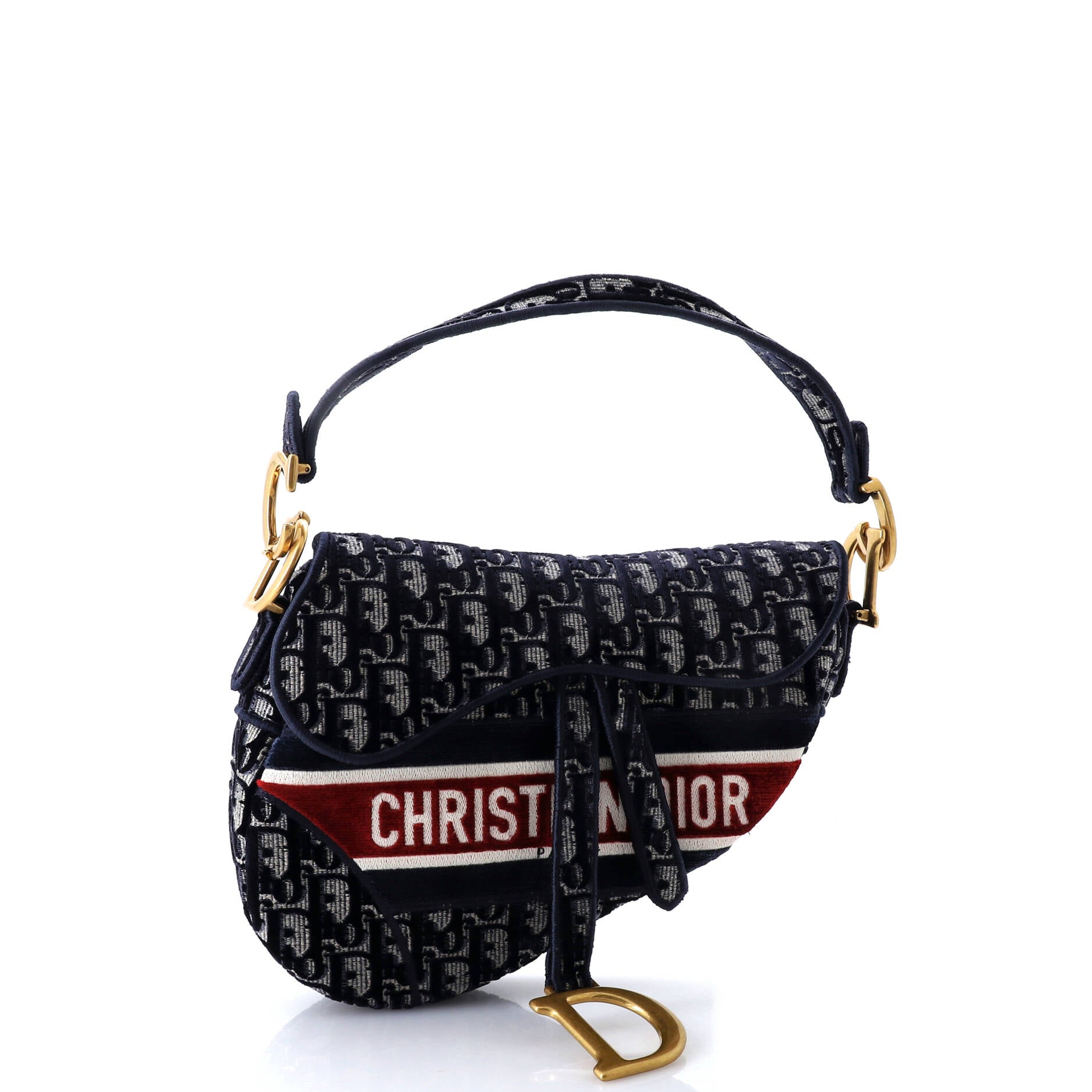 Christian Dior Saddle Handbag Logo Embroidered Oblique Velvet Medium