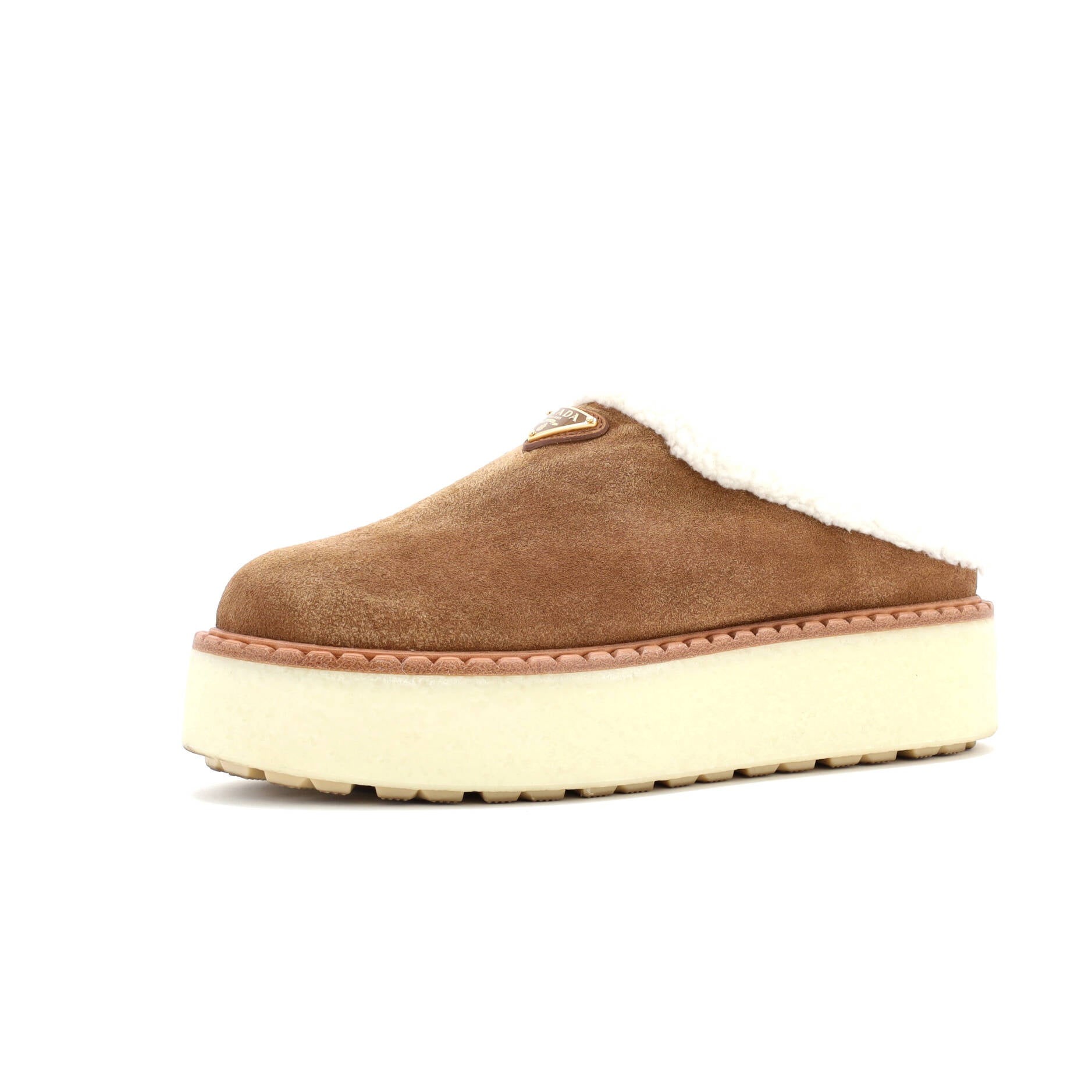Prada Women's Triangle Logo Platform Mules Suede with Shearling