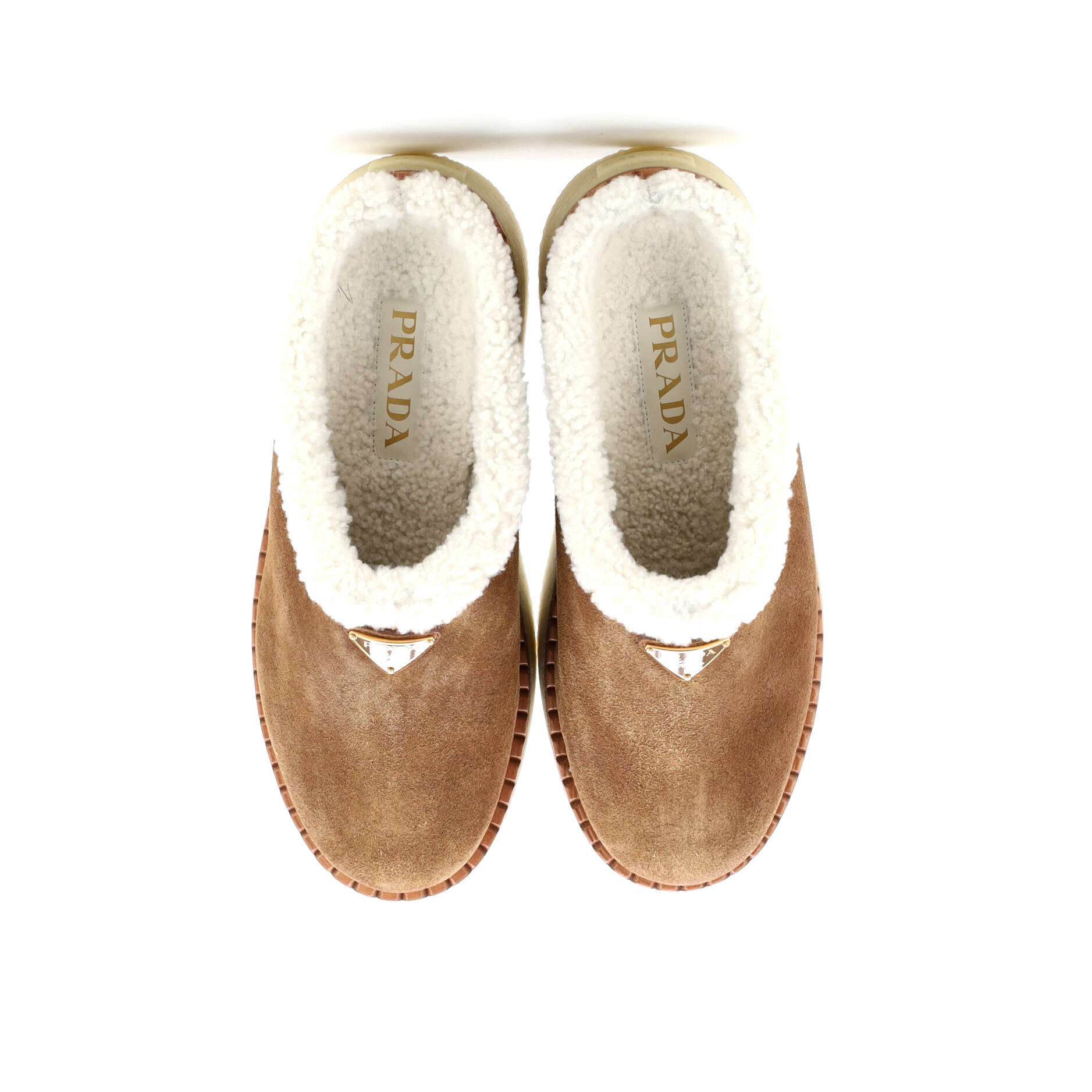 Prada Women's Triangle Logo Platform Mules Suede with Shearling