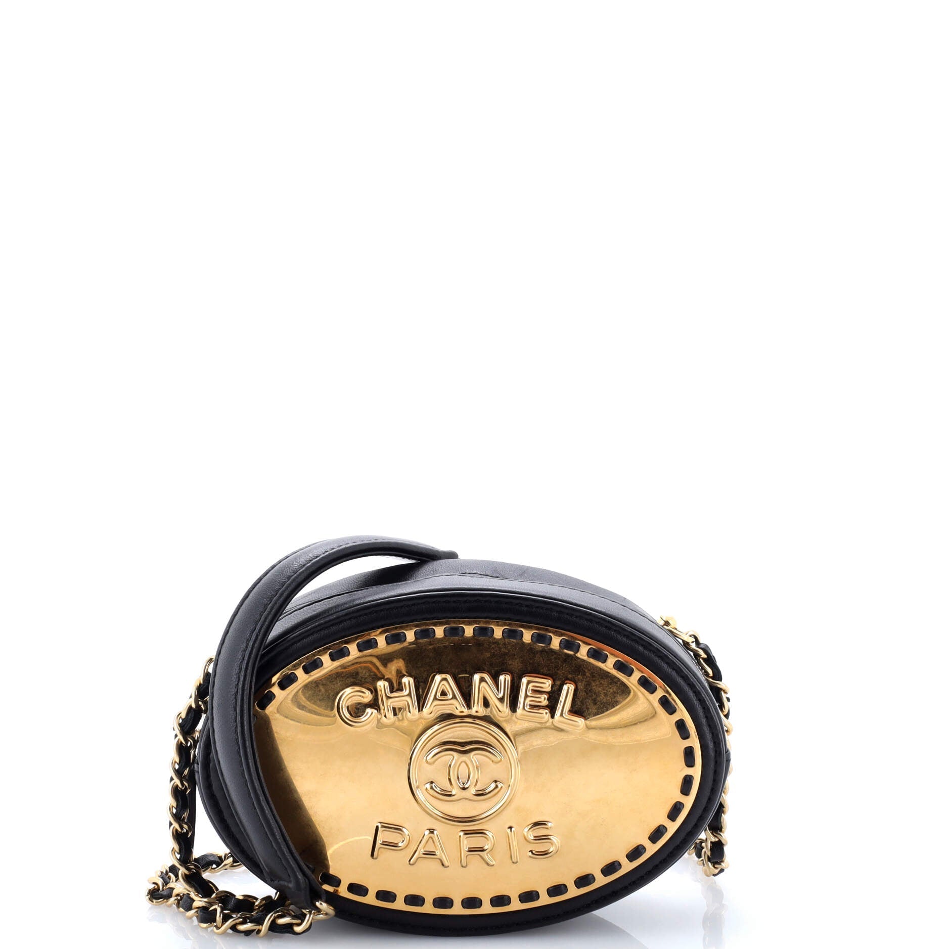 Chanel Logo Plate Oval Clutch With Chain Metal and Lambskin