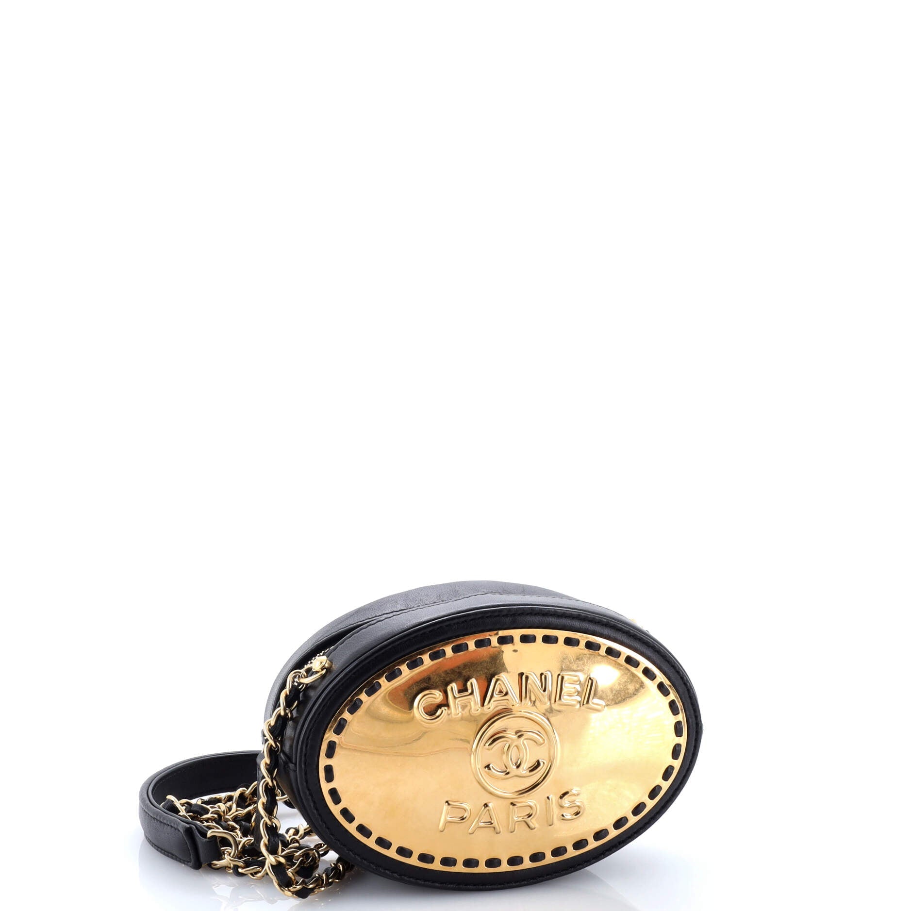 Chanel Logo Plate Oval Clutch With Chain Metal and Lambskin
