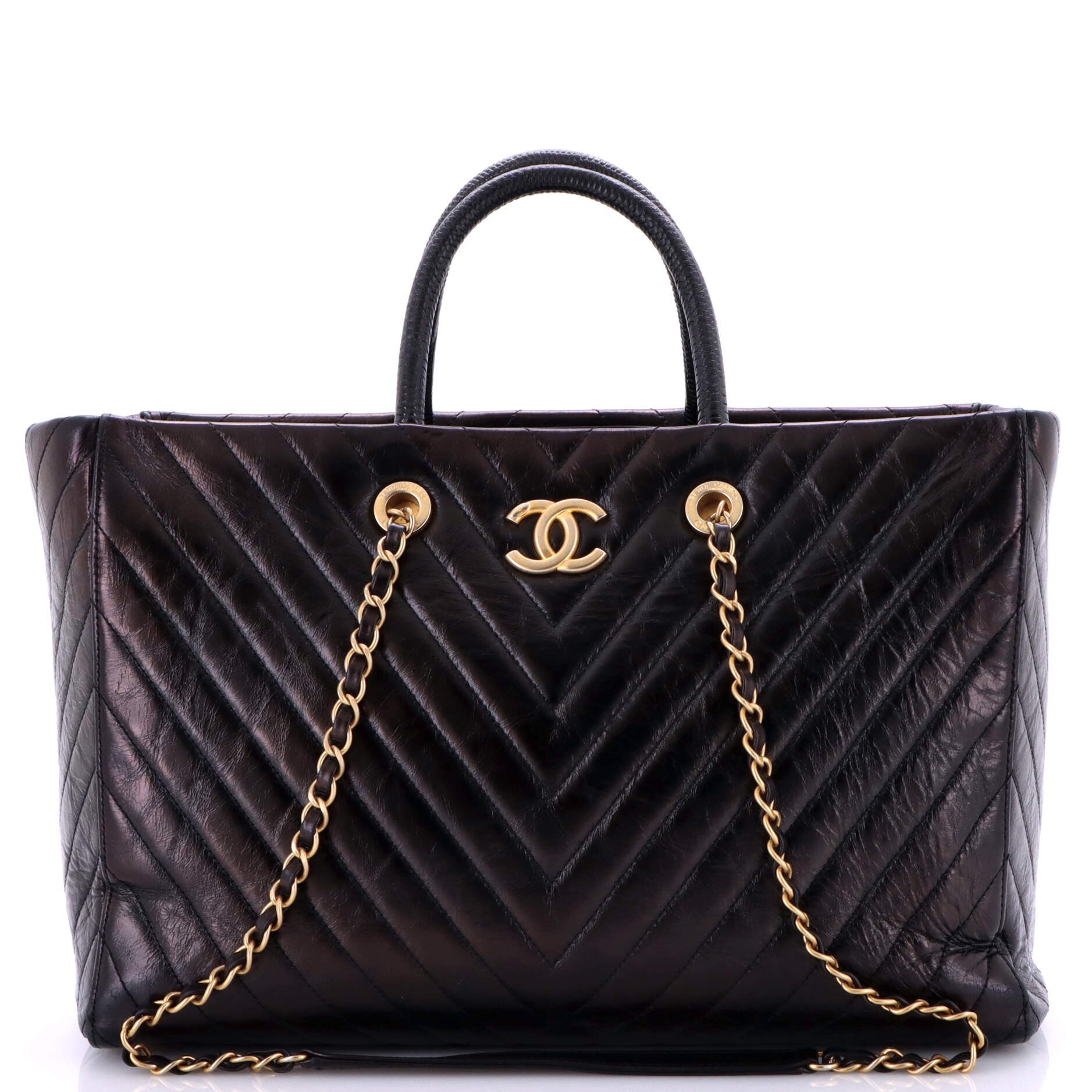 Chanel Coco Handle Shopping Tote Quilted Caviar with Lizard Large