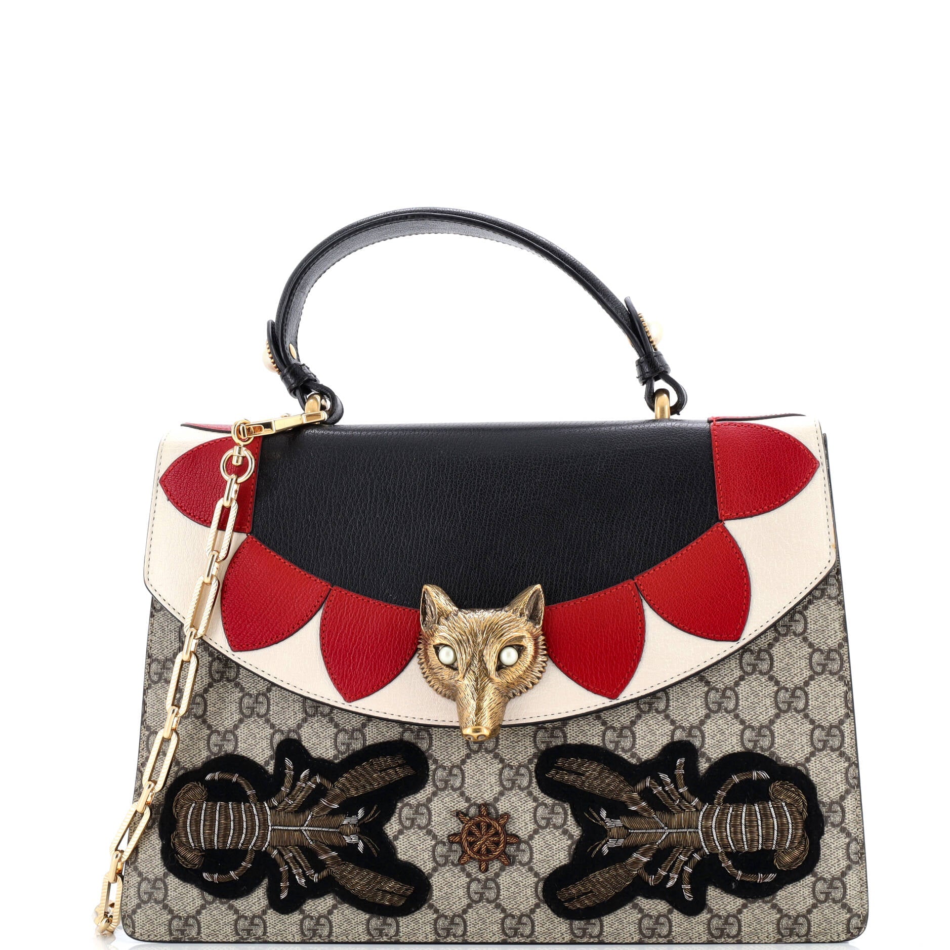 Gucci Broche Top Handle Bag Embroidered GG Coated Canvas and Leather Medium